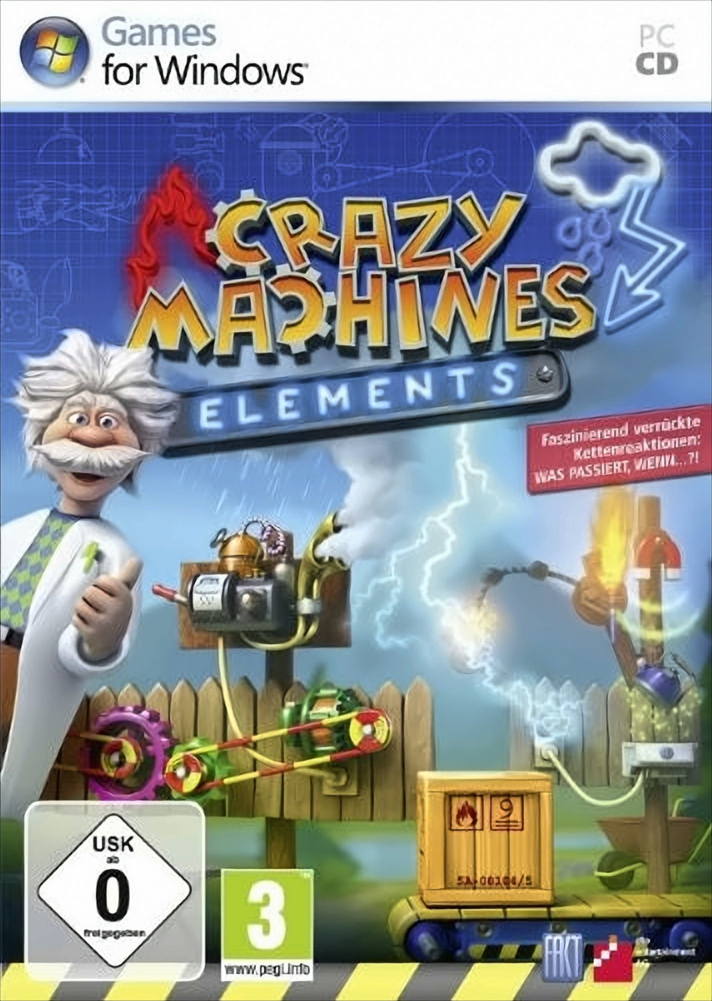 Spielbox für Crazy Machines Elements. Cartoon-Wissenschaftler und verschiedene Apparate.