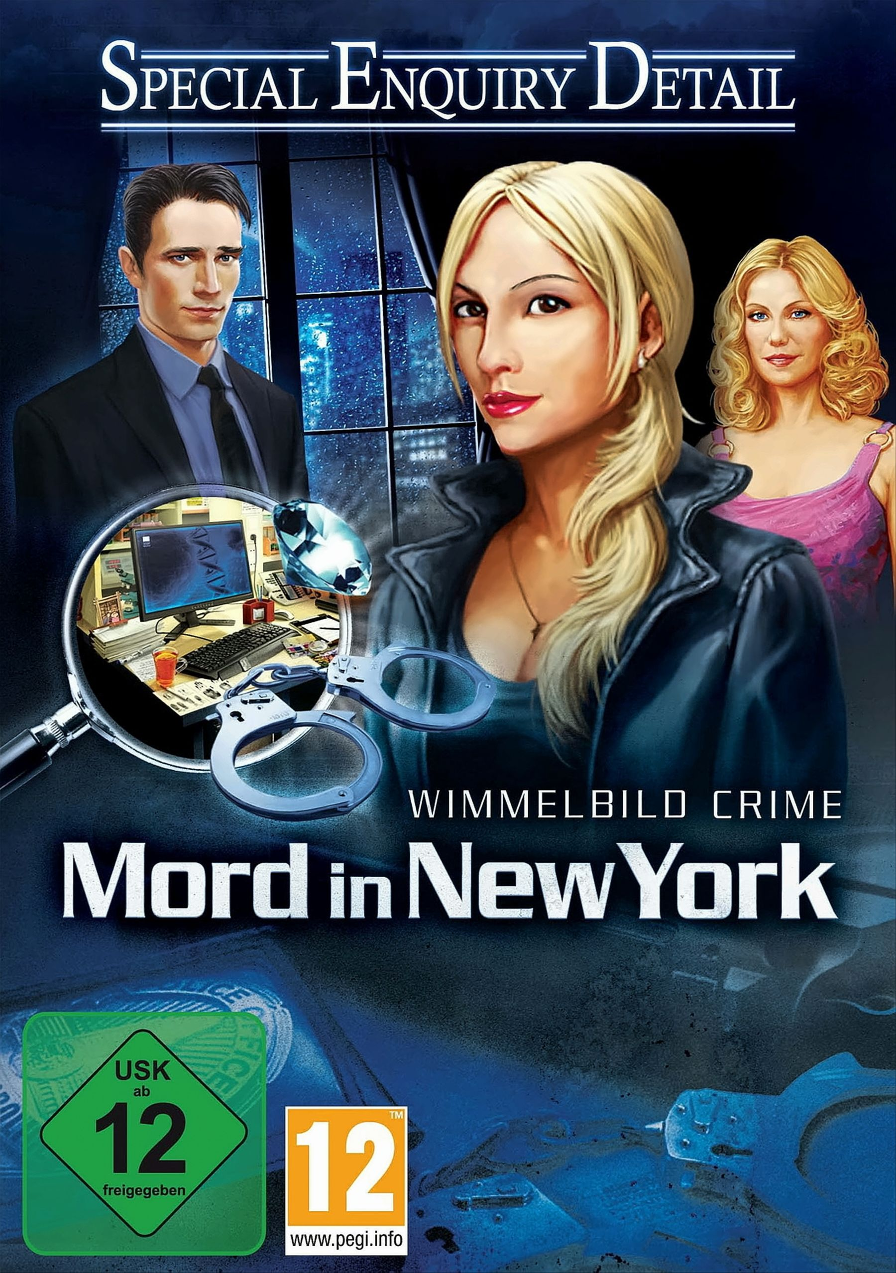 Spielcover für 'Mord in New York' mit drei Personen und einer Lupe.