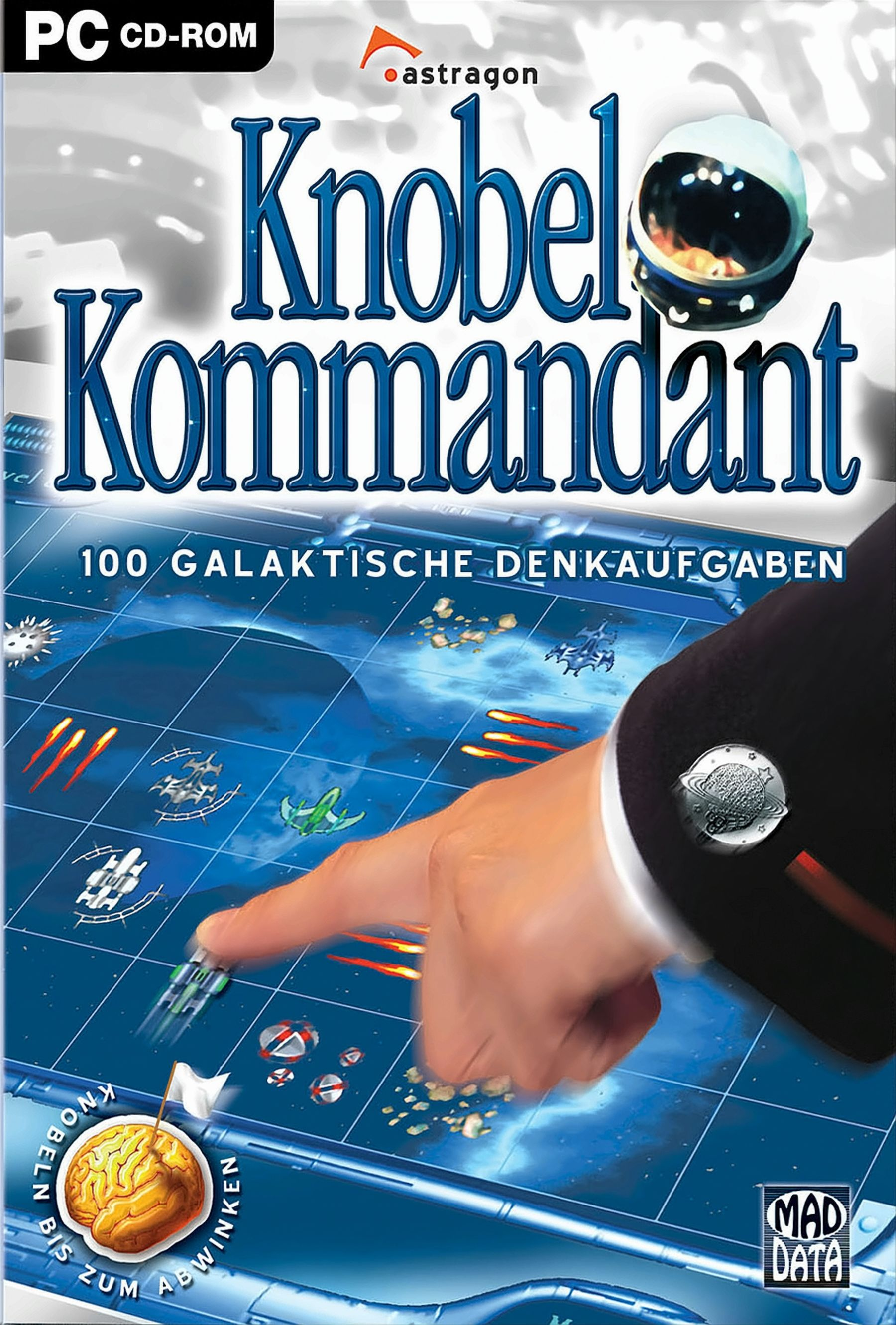 PC-Spielbox-Art: Knobel Kommandant. Verfügt über ein Weltraumthema mit einer Hand, die auf ein Spielbrett zeigt.