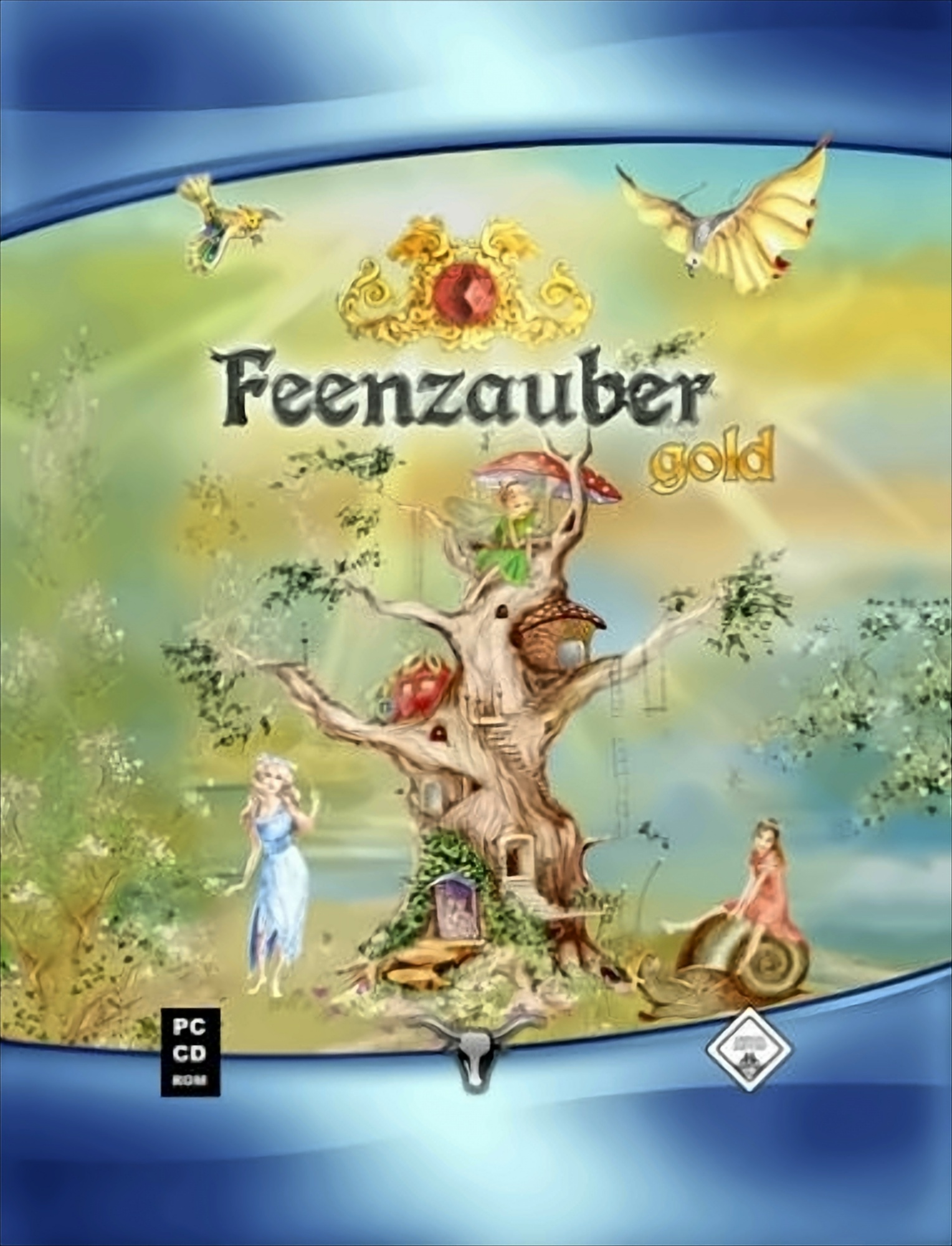 Spiel-Box-Art: Feenbaum, Feen, goldener Titel 'Feenzauber gold' und ein blauer Rand.