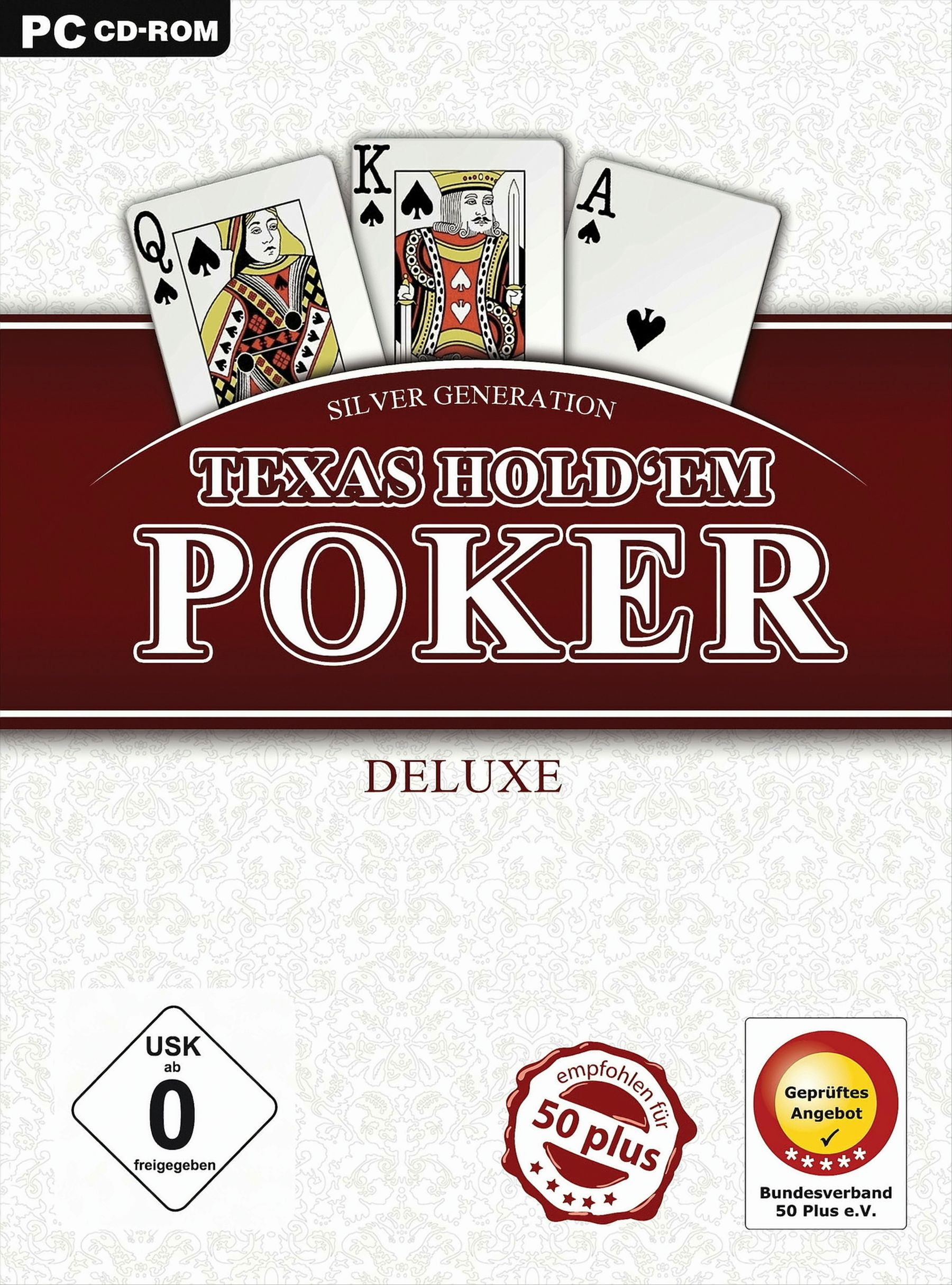 Spielbox mit Poker-Karten: Dame, König und Ass. Titel: Texas Hold'em Poker. Altersempfehlung: 0+.