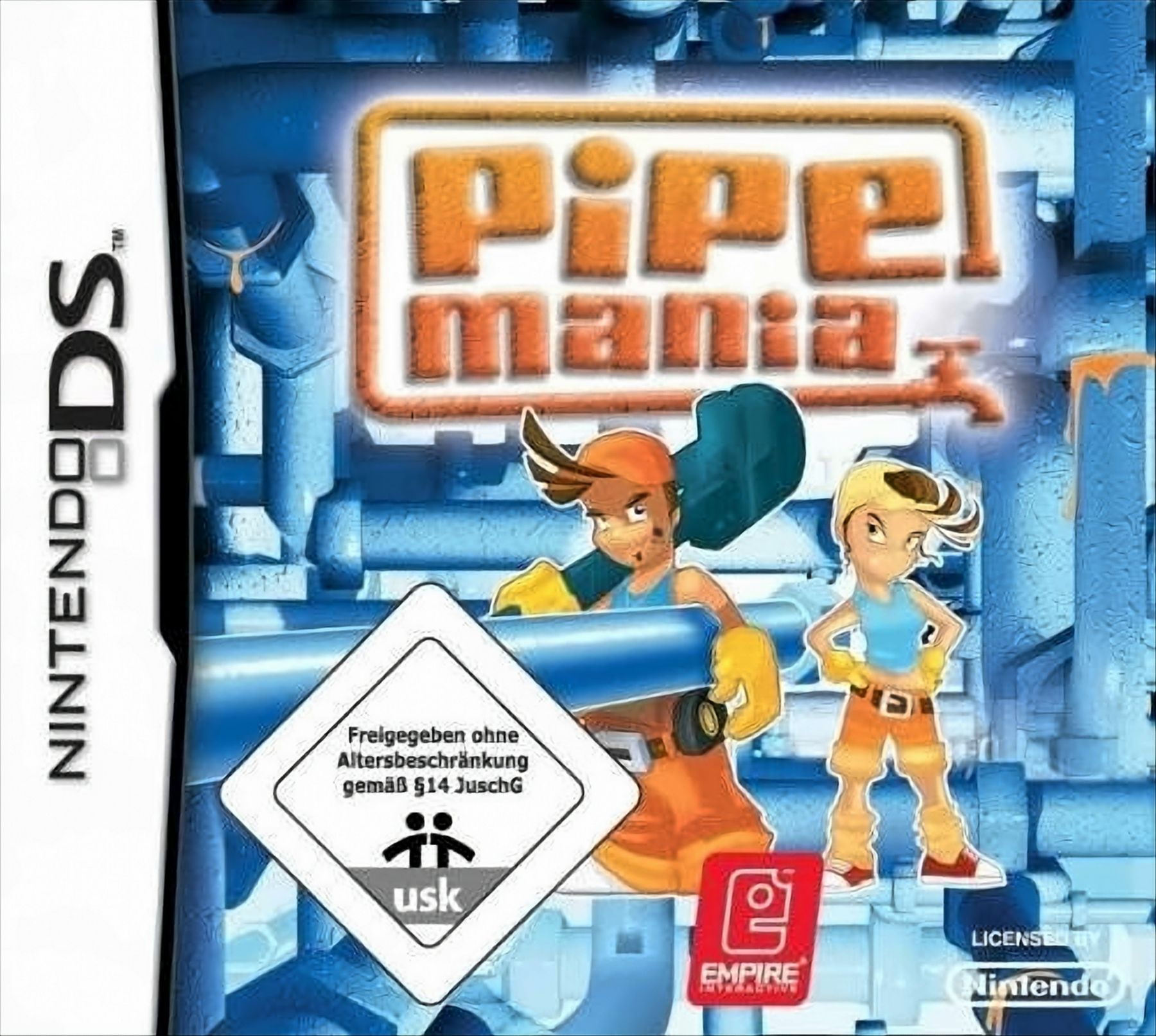 Spielcover von Pipe Mania für Nintendo DS. Zwei Zeichentrickfiguren. Blauer Hintergrund.