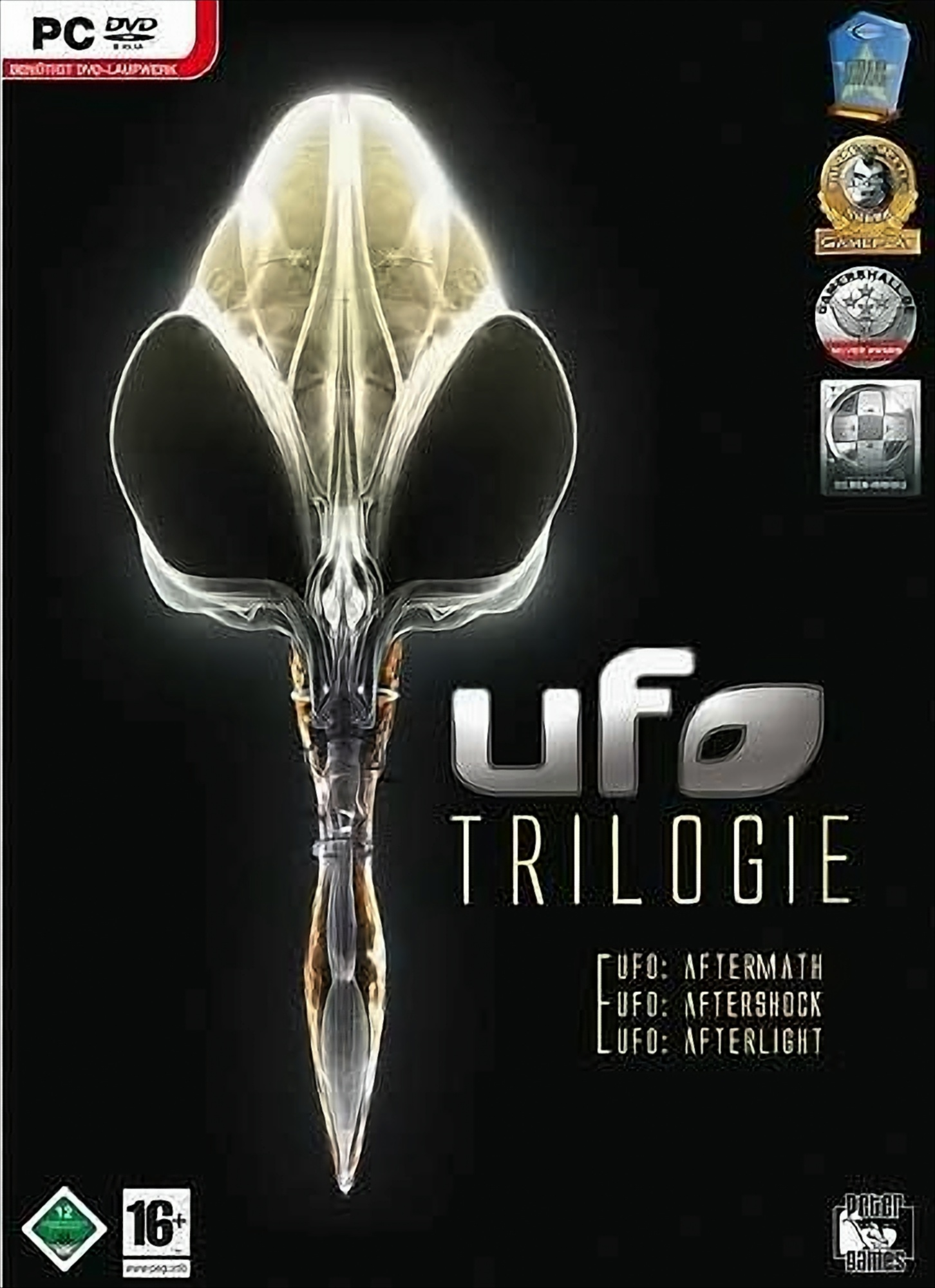Spielcover mit einem stilisierten Alien-Schädel-Design. Der Titel lautet 'UFO Trilogie'.