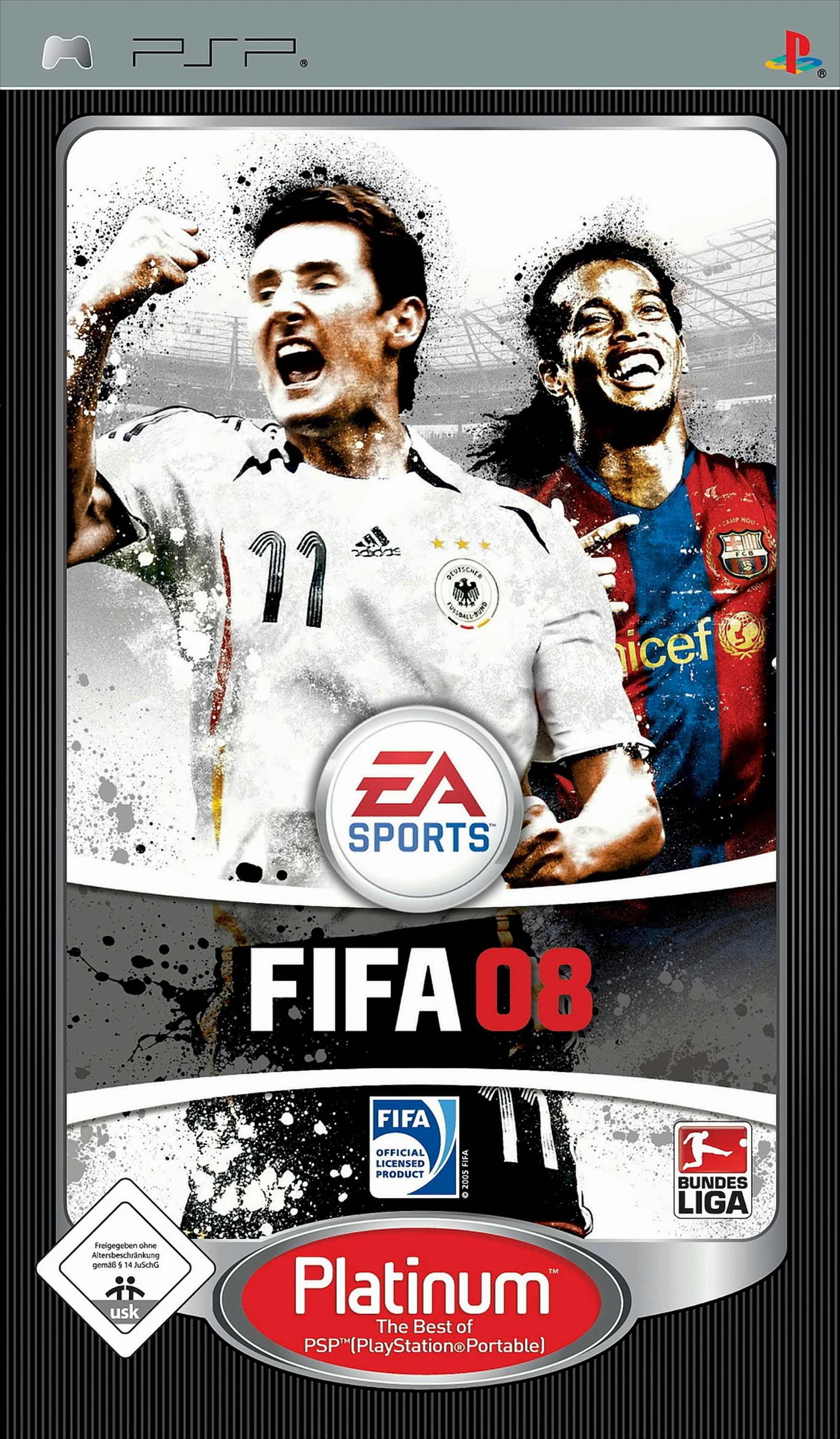 PSP-Spielcover von FIFA 08. Spieler feiern, EA Sports-Logo und Spieletitel.