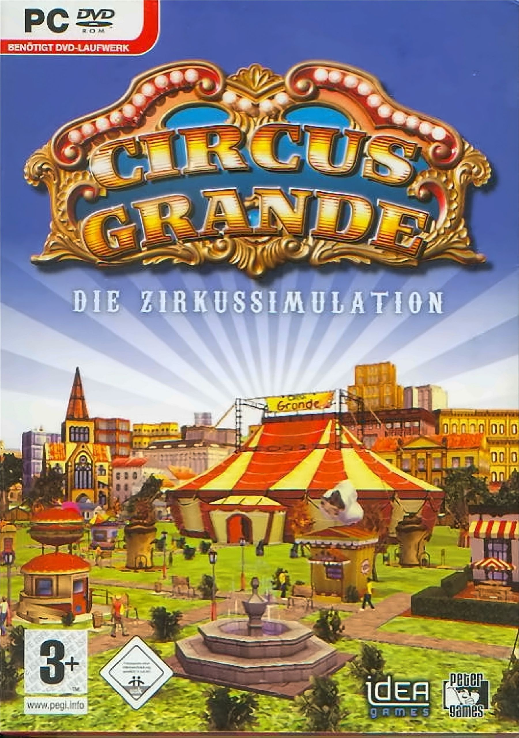 Circus Grande PC-Spiel-Cover. Illustration eines Zirkus, mit einer Stadt im Hintergrund.