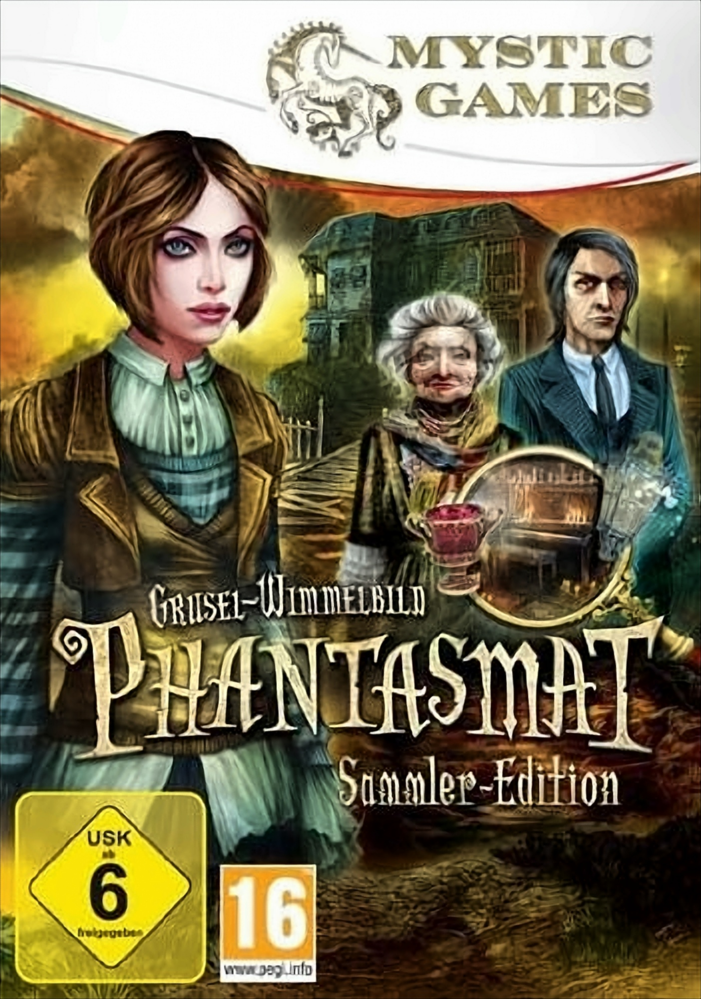 Spielcover: 'Phantasmat' mit einer Frau, einer alten Frau und einem Mann in einem gruseligen Haus.