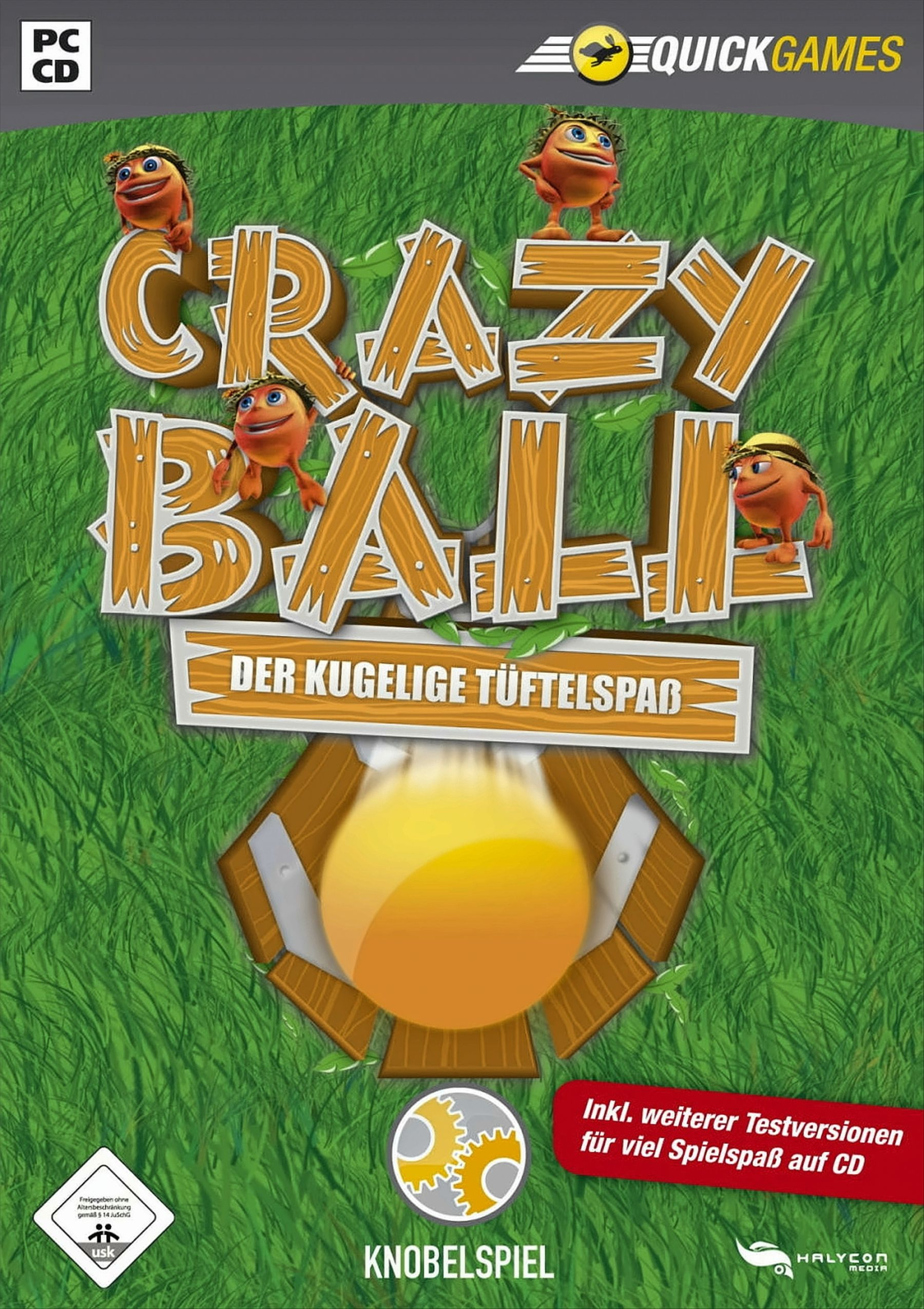 Crazy Ball Spielbox-Art mit Cartoon-Charakteren und einem gelben Ball.
