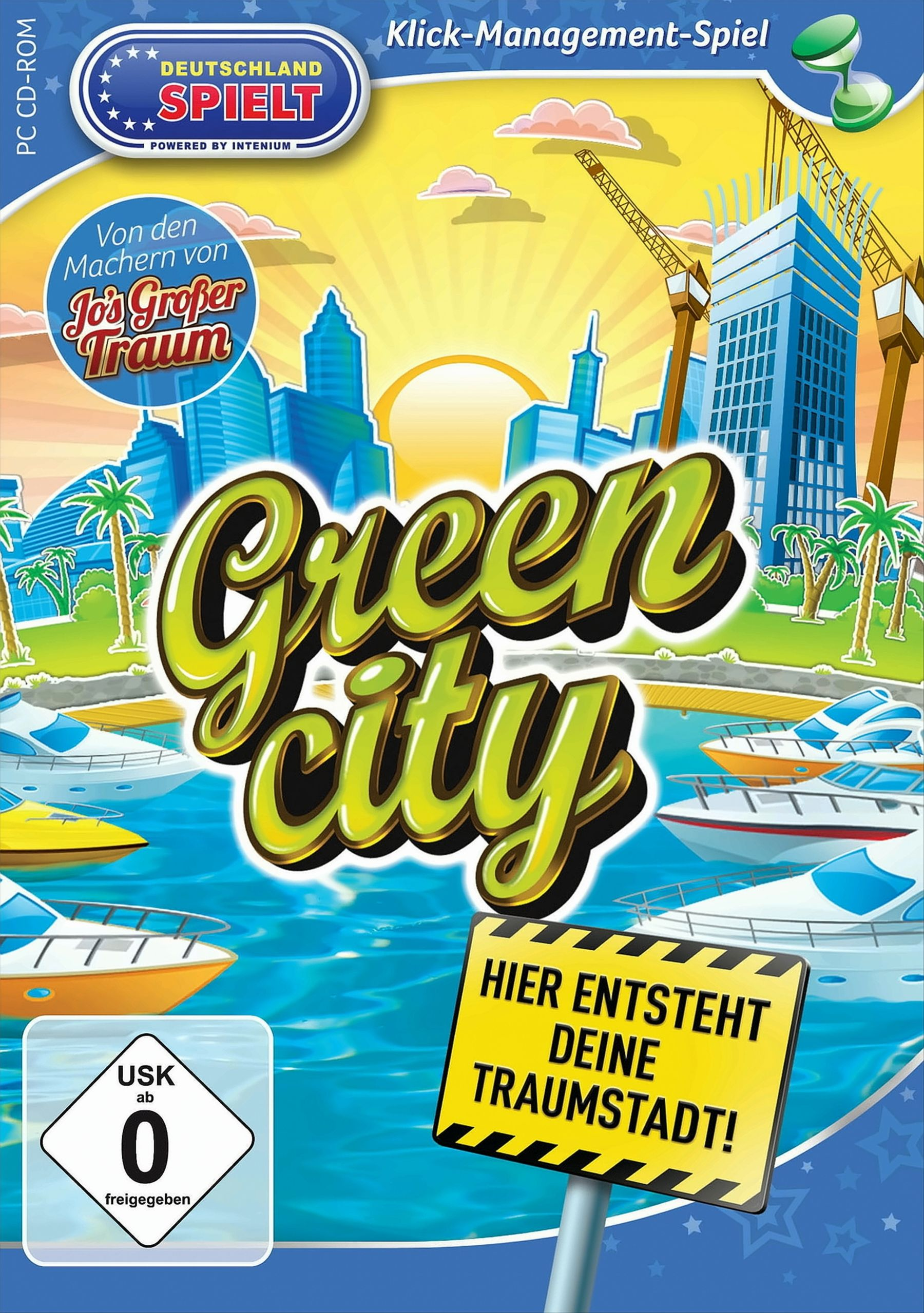 Spiel-Box-Art: Skyline, Boote und der Titel 'Green City'.