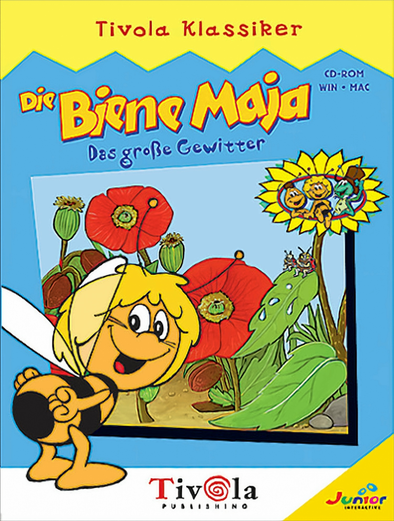 Die Biene Maja Spielcover. Eine Cartoon-Biene und Blumen sind auf dem Cover.