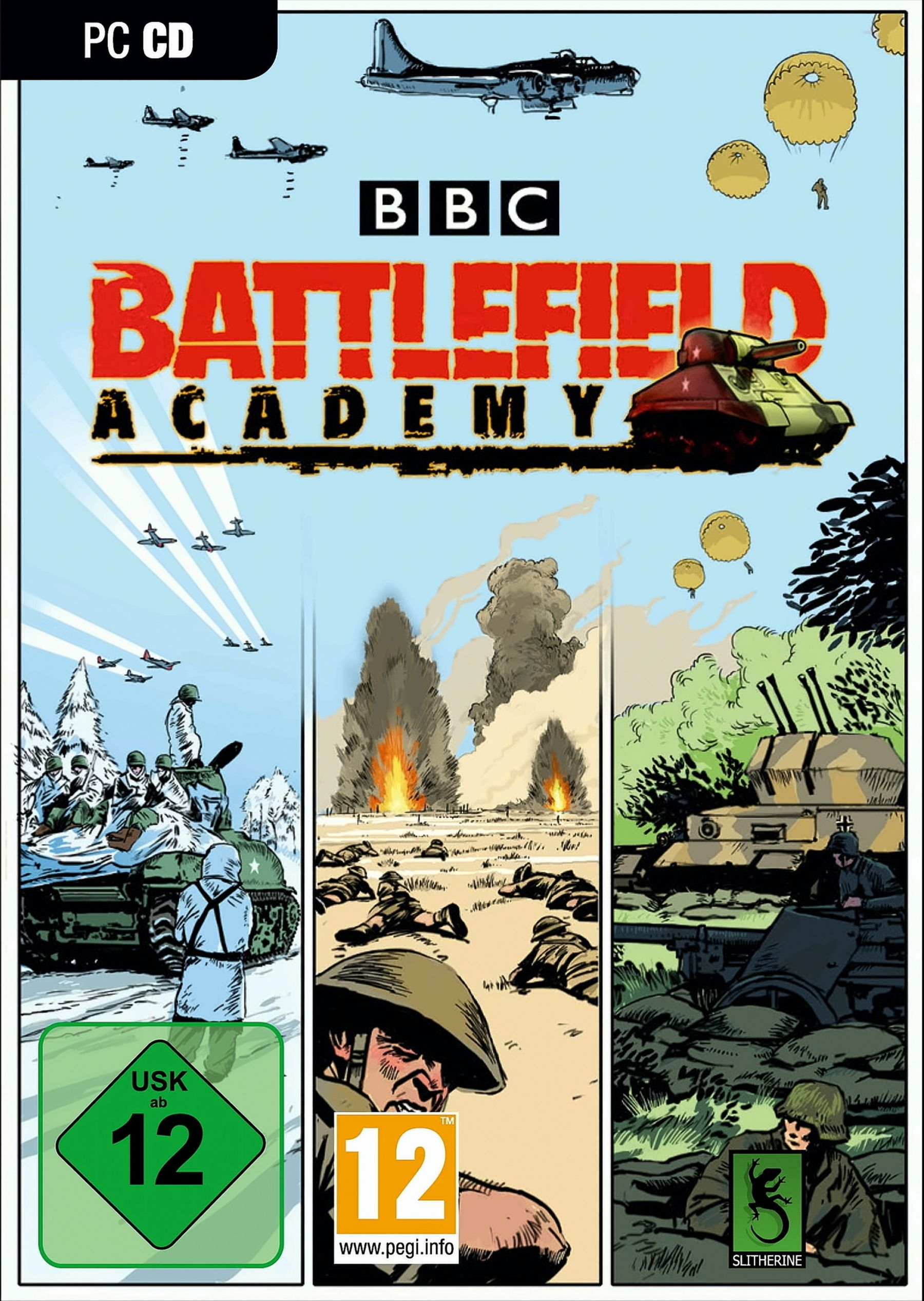 Spielcover für 'Battlefield Academy', das Kriegsszenen mit Flugzeugen, Panzern und Soldaten zeigt.