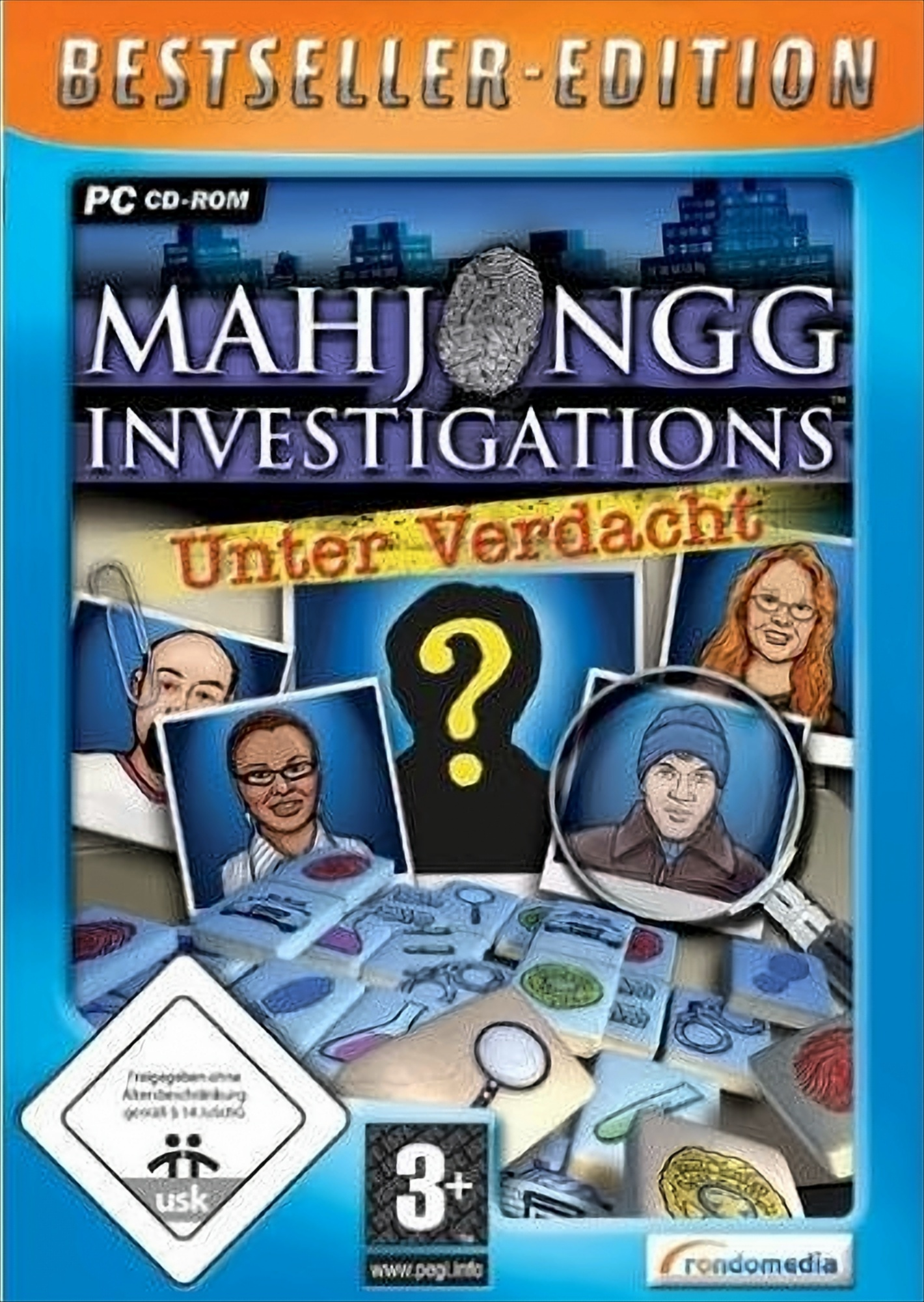 Mahjong Investigations Spiel-Box-Art mit Cartoon-Charakteren und Mahjong-Steinen.