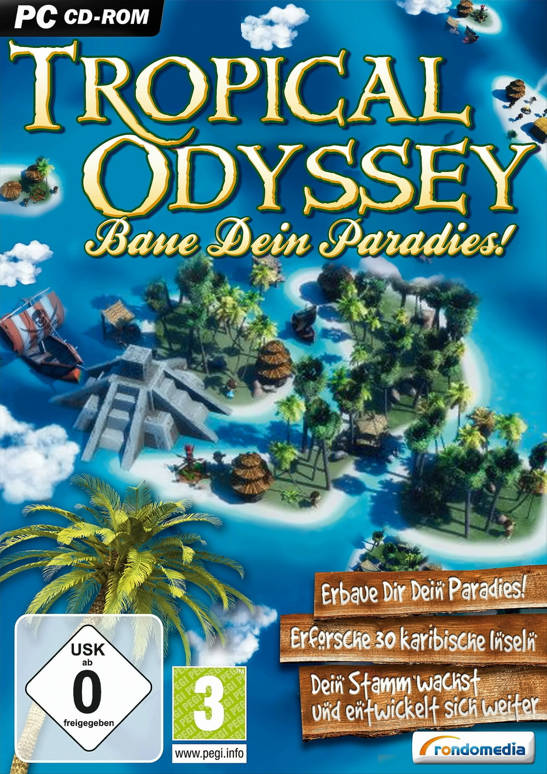 Spielbox für Tropical Odyssey, eine tropische Insel zeigt. Palmen und Hütten sichtbar.