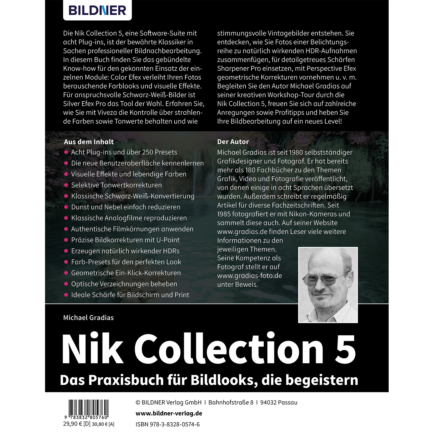 Ein Buchcover mit Text und einem Bild eines Mannes, das Nik Collection 5 bewirbt.