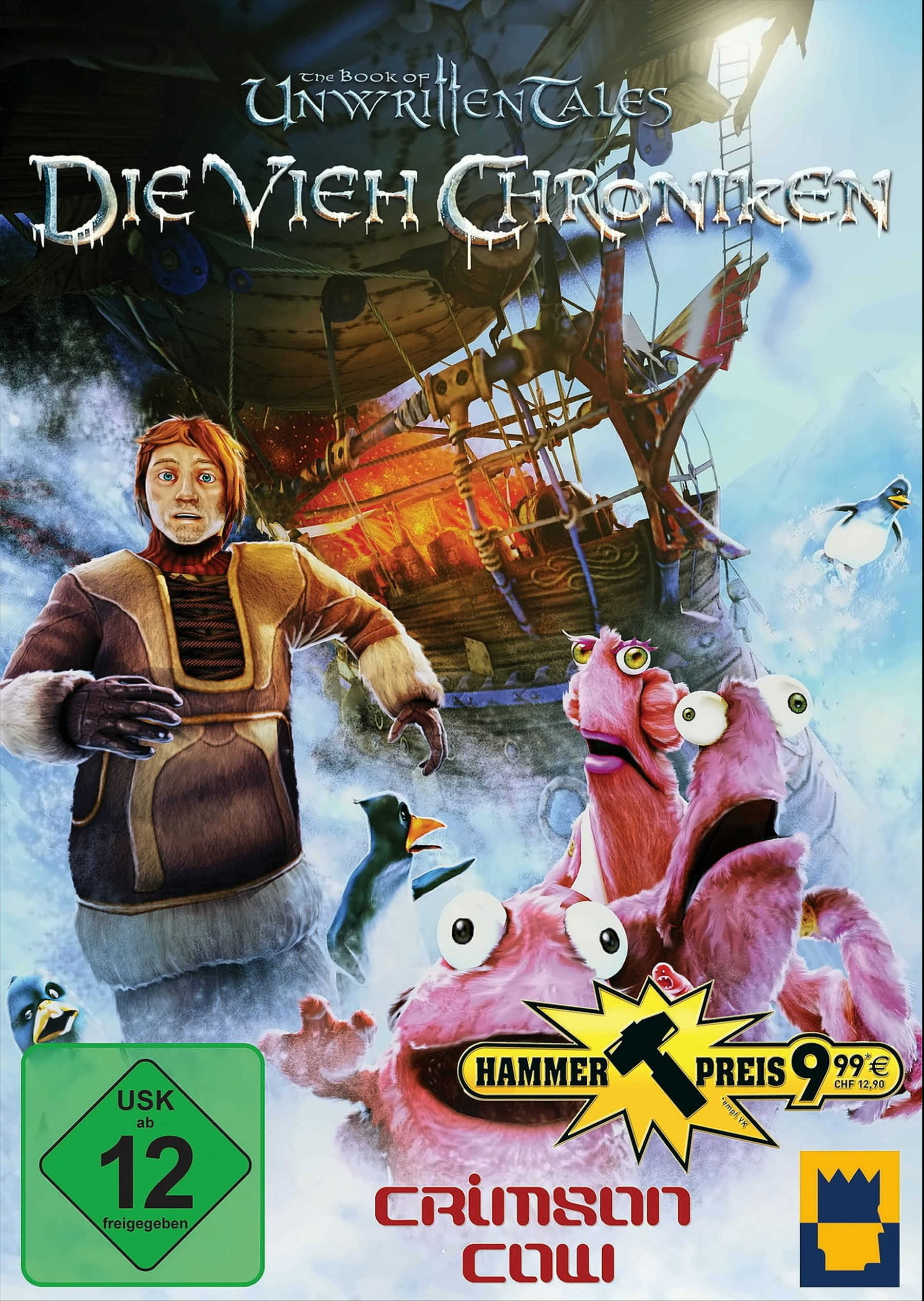 Spielcover mit einem Cartoon-Monster, Pinguinen und einem Schiff auf blau-weißem Hintergrund.