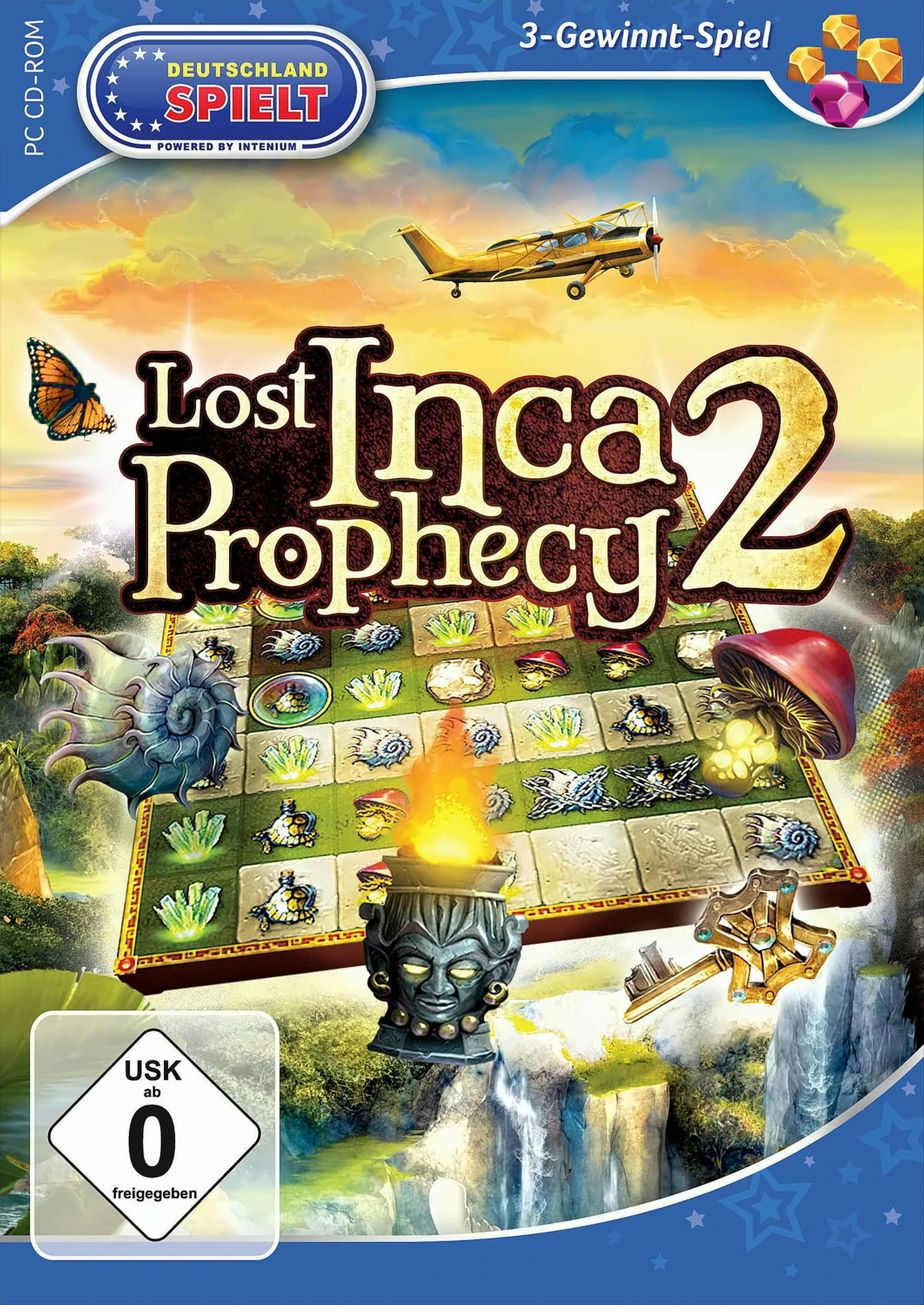 Spielcover: Brettspiel, Flugzeug, Inka-Thema, mit Text: Lost Inca Prophecy 2.