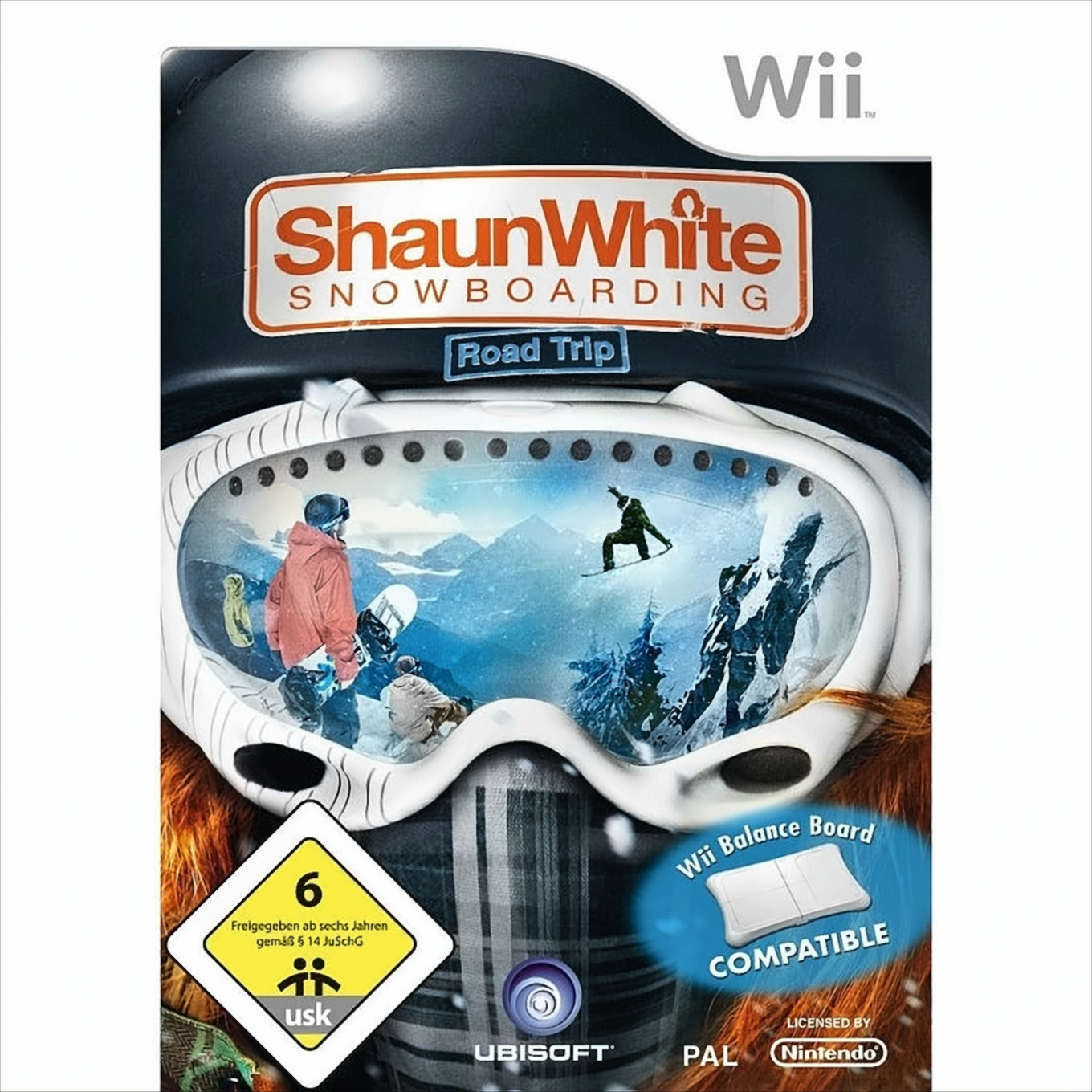 Wii-Spielcover mit einem Skifahrer auf einem Berg. Titel: Shaun White Snowboarding. Weiße Skibrille und blauer Himmel.