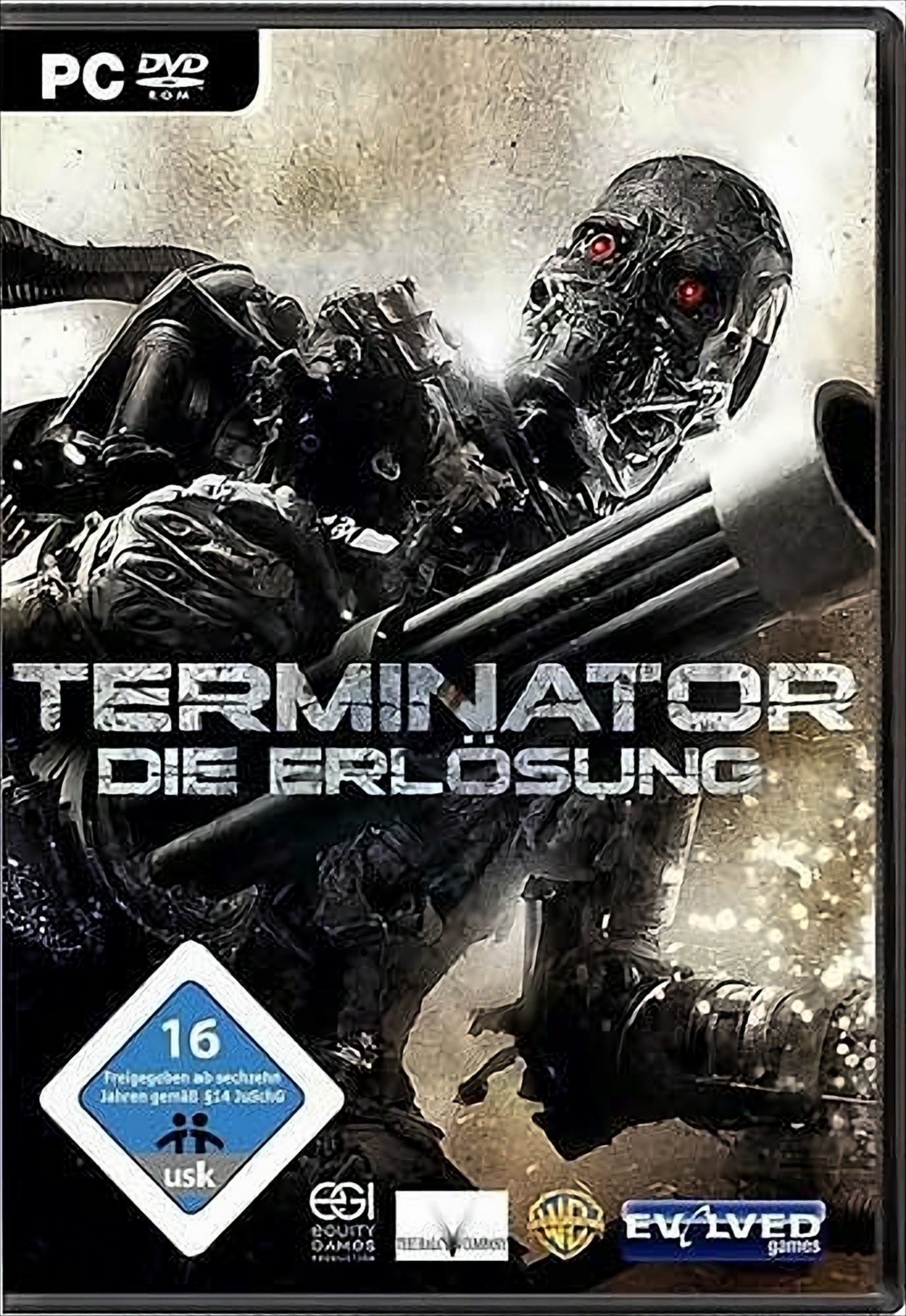 Spielcover: Terminator, ein Cyborg, mit einer Waffe. Titel: Terminator. PC DVD-ROM. Bewertung 16.