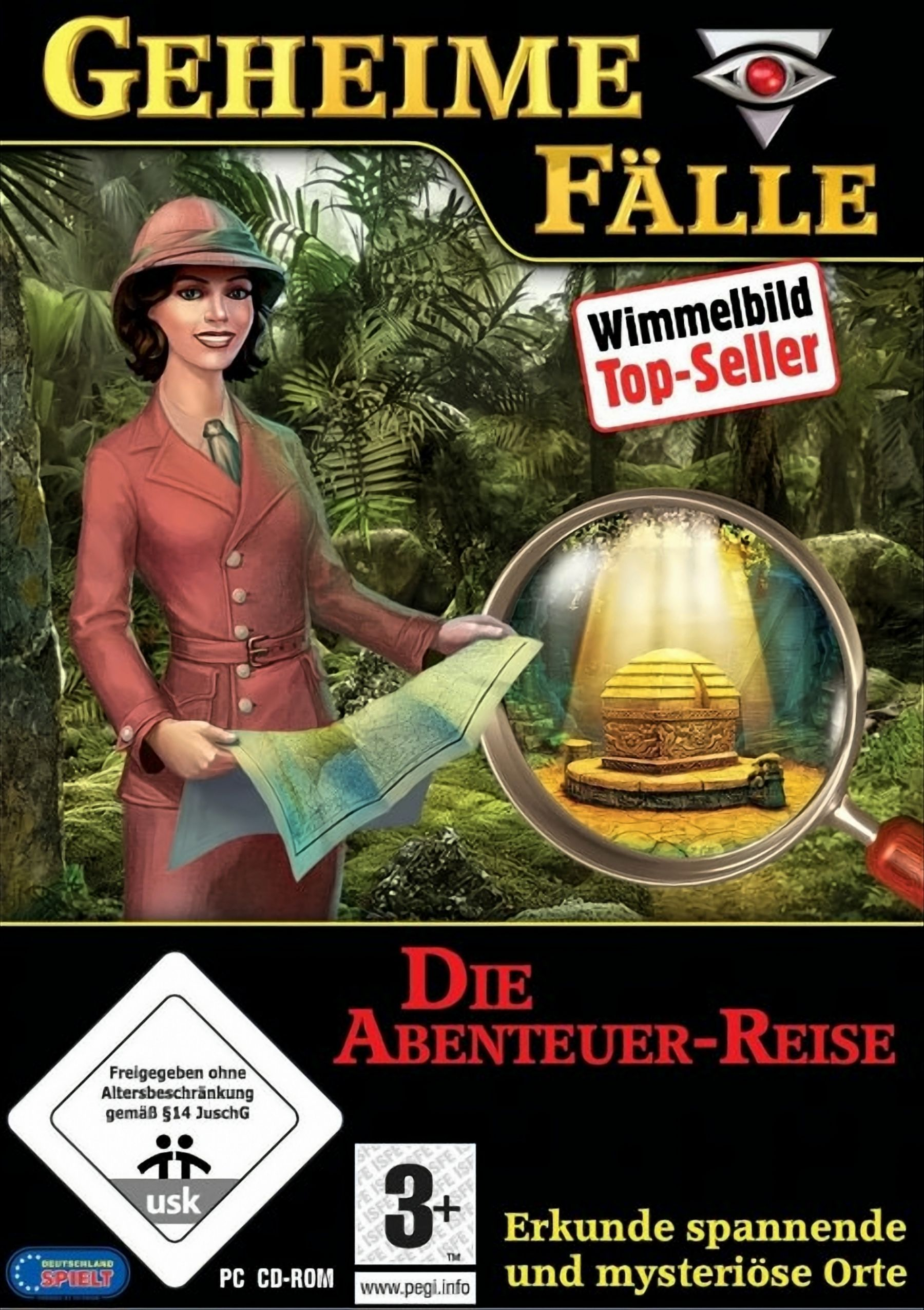 Spielbox-Art: Eine Frau mit Karte und Lupe über einem Schatz.