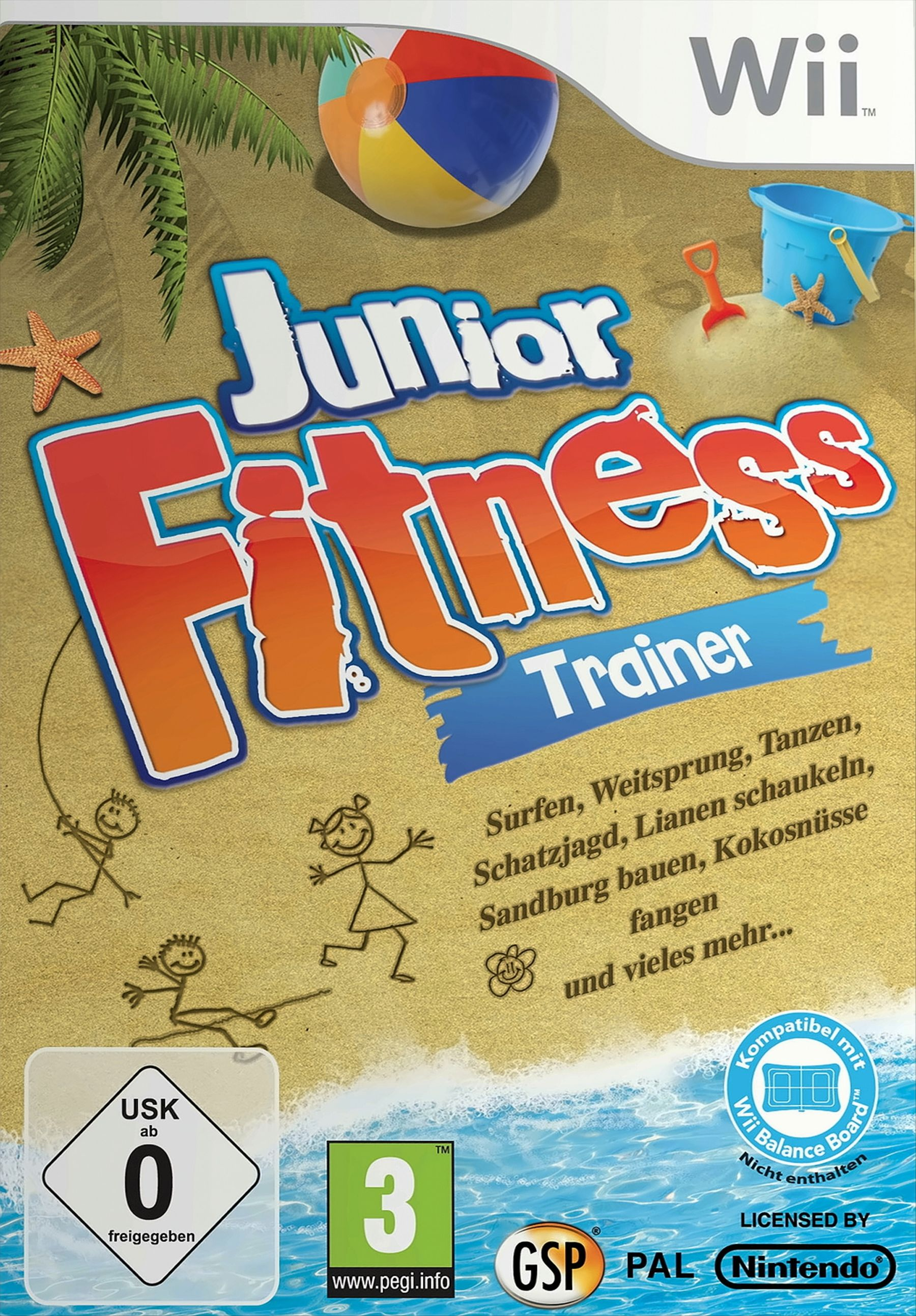 Junior Fitness Trainer Spielbox. Kinder spielen am Strand, blauer Himmel.