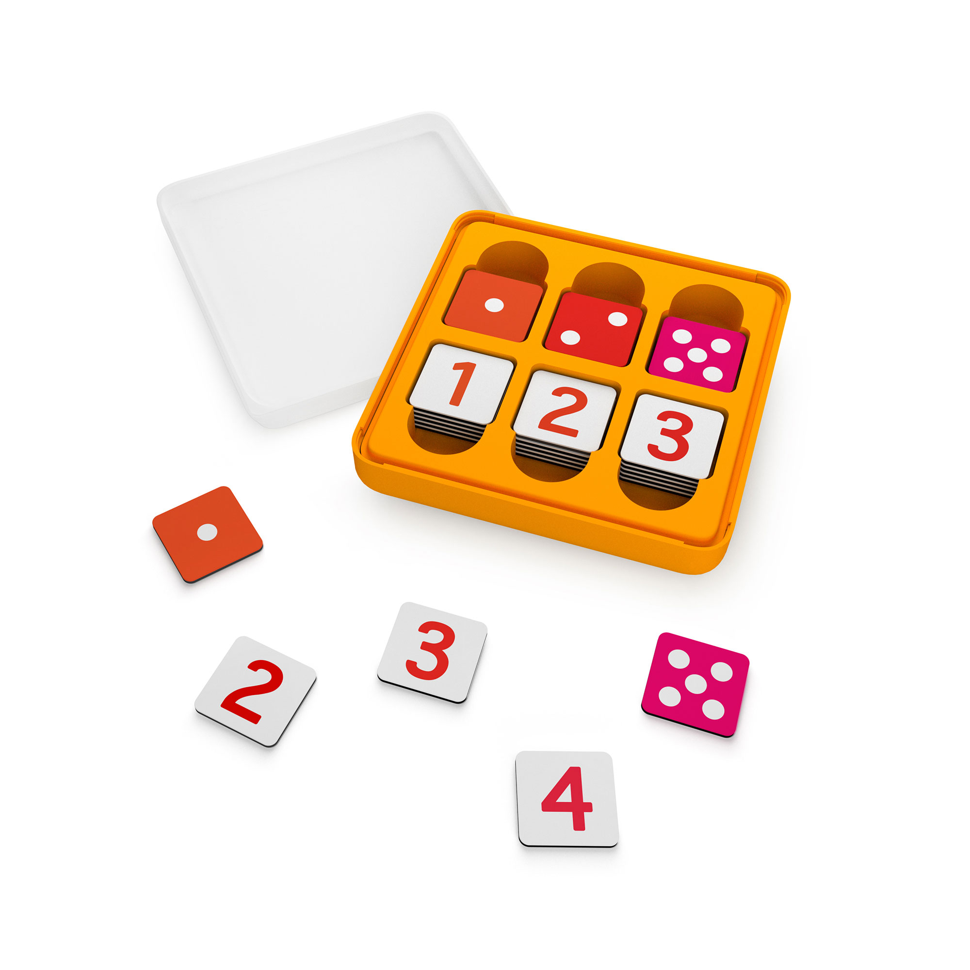 Gioco educativo con carte a forma di dado in una scatola arancione e alcuni dadi sparsi.