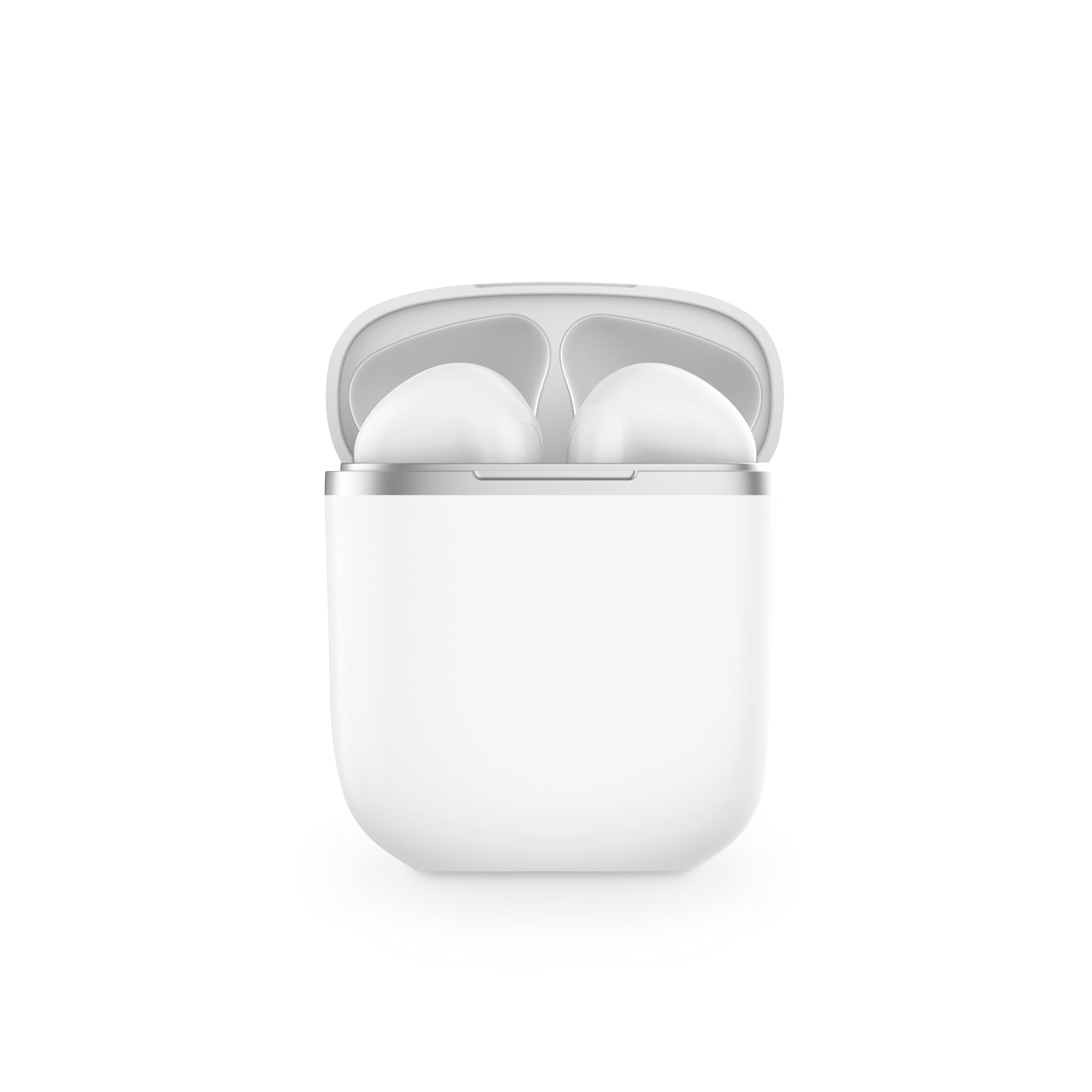 Auriculares inalámbricos blancos en un estuche de carga abierto, sobre fondo blanco.
