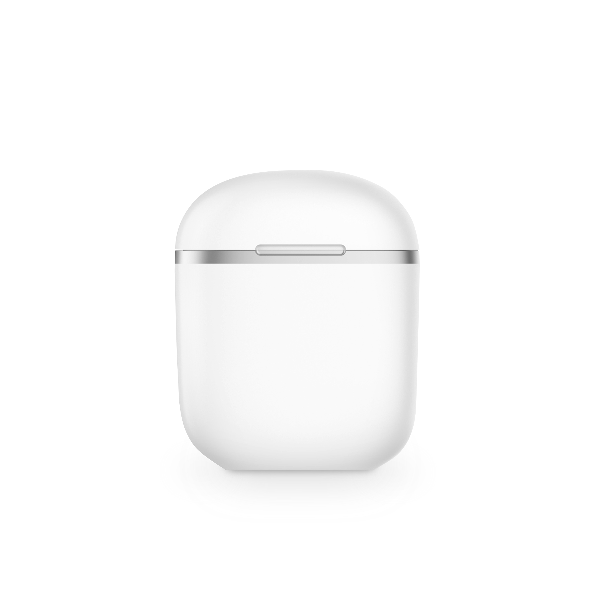 Un estuche blanco de AirPods, cerrado, sobre un fondo blanco. Tiene un borde plateado.
