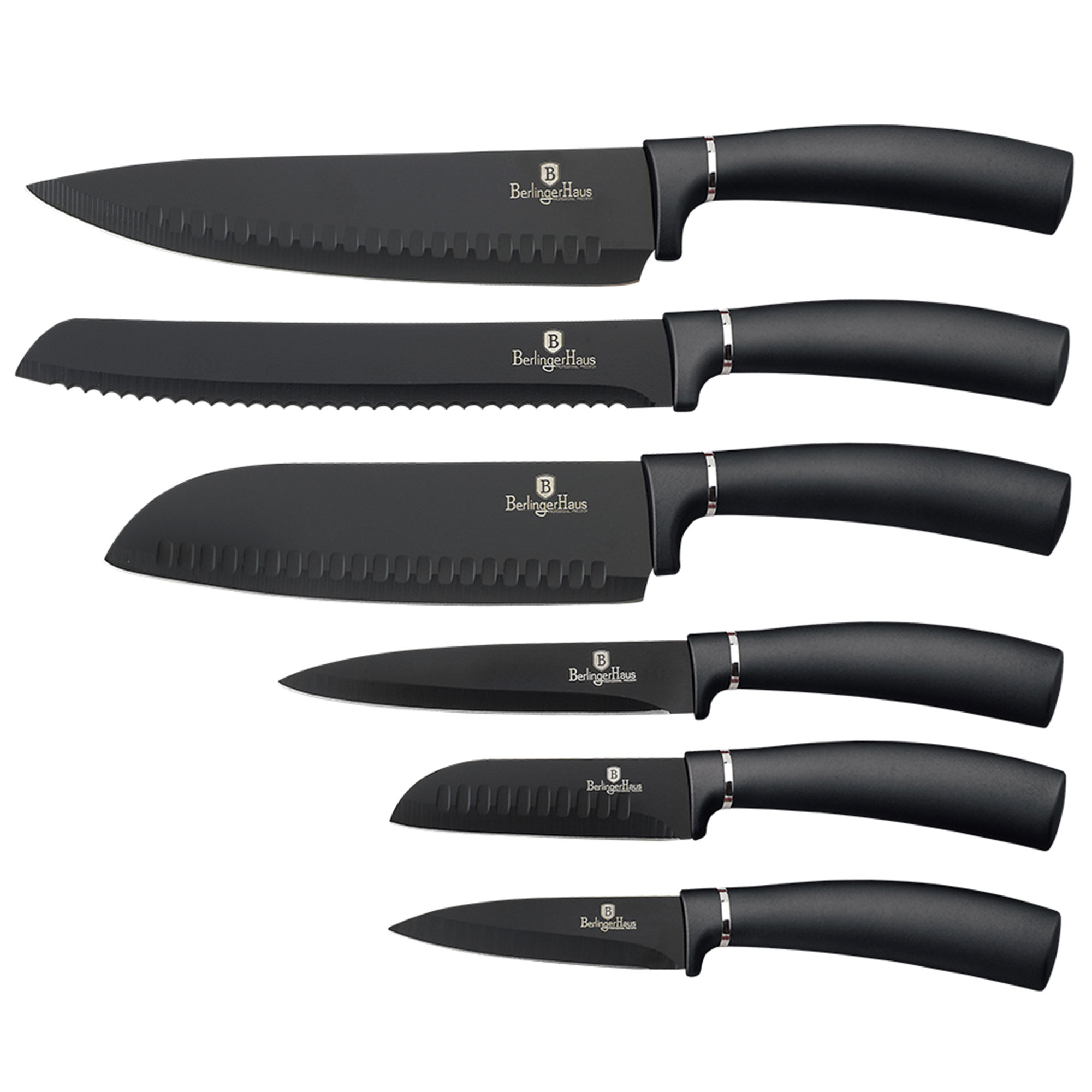 Berlinger Haus Carbon juego 6 cuchillos profesional hoja acero inoxidable recubrimiento antiadherente cocinero cebollero pan santoku pelar mango diseño metallic set de