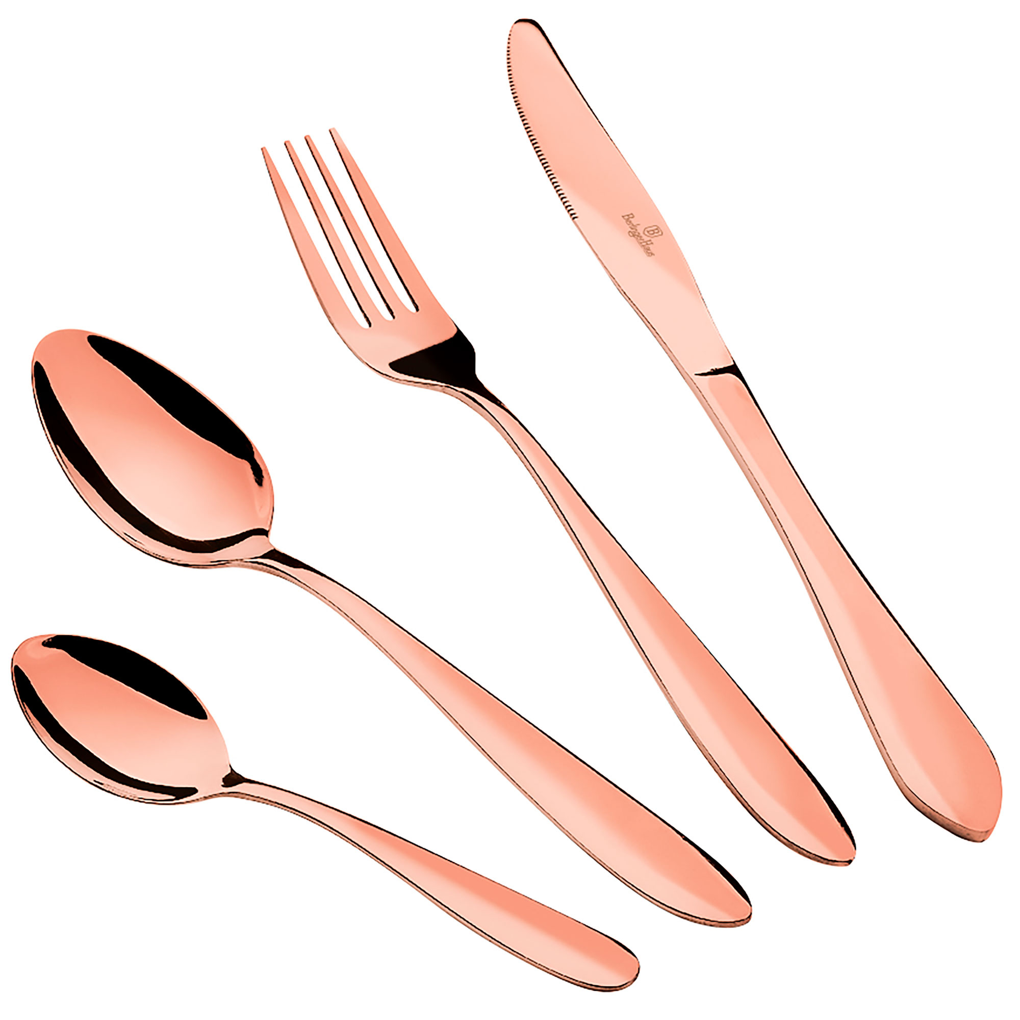Juego de cubiertos de oro rosa. Incluye cuchara, tenedor, cuchillo y cuchara pequeña.