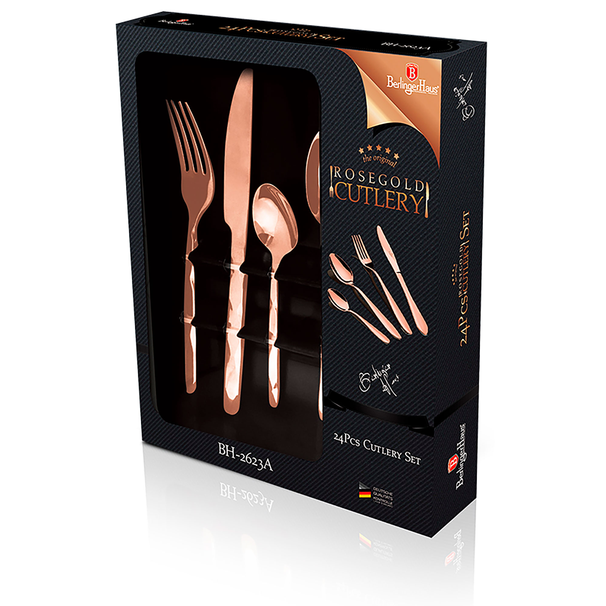 Un juego de cubiertos de oro rosa en una caja negra, que muestra tenedores, cuchillos y cucharas. Con texto.