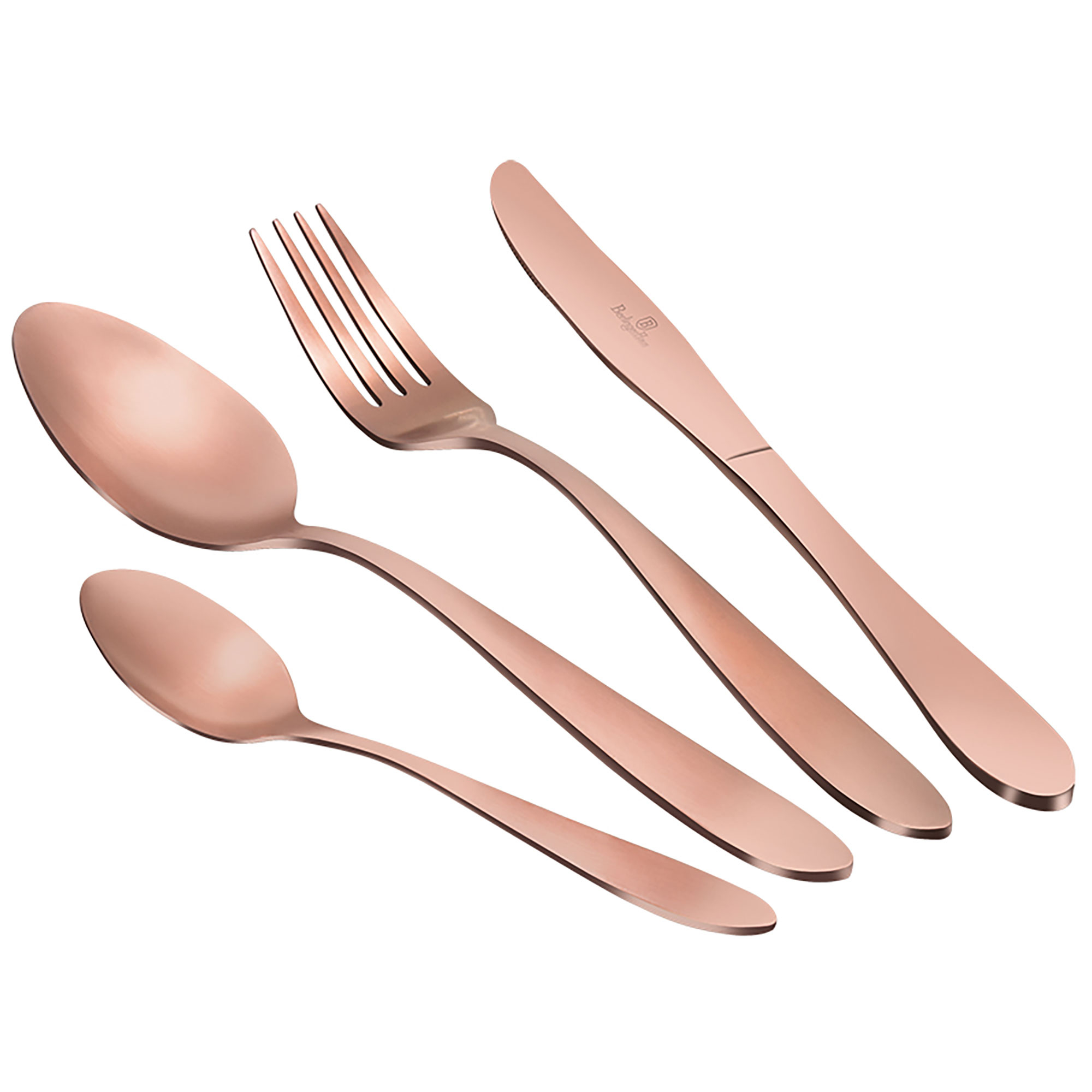 Juego de cubiertos oro rosa, incluyendo cuchara, tenedor y cuchillo, todos angulados.