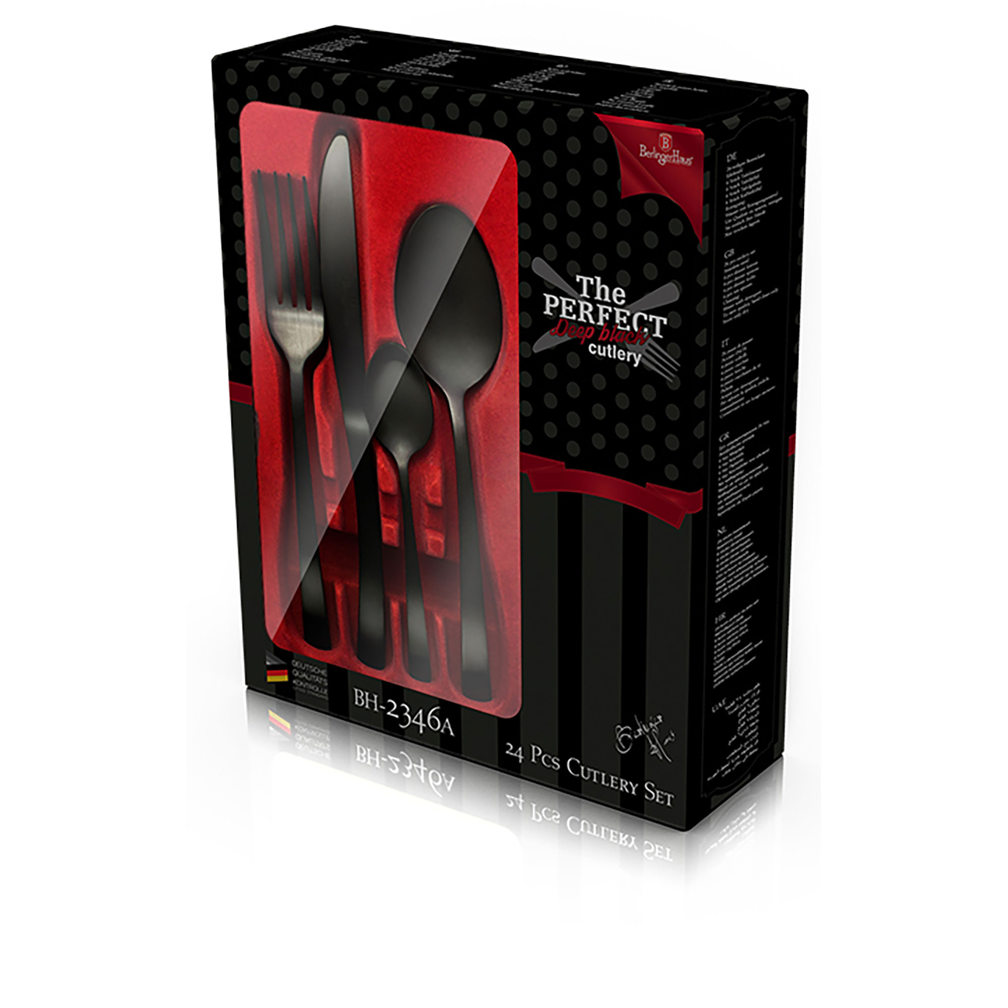 Juego de cubiertos negros en una caja negra con interior rojo, con tenedores, cuchillos y cucharas.
