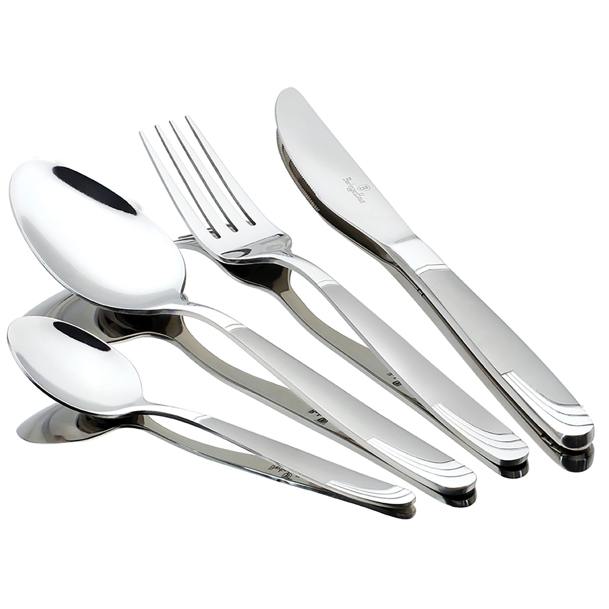 Juego de cubiertos plateados: cucharas, tenedor y cuchillo, dispuestos sobre una superficie.