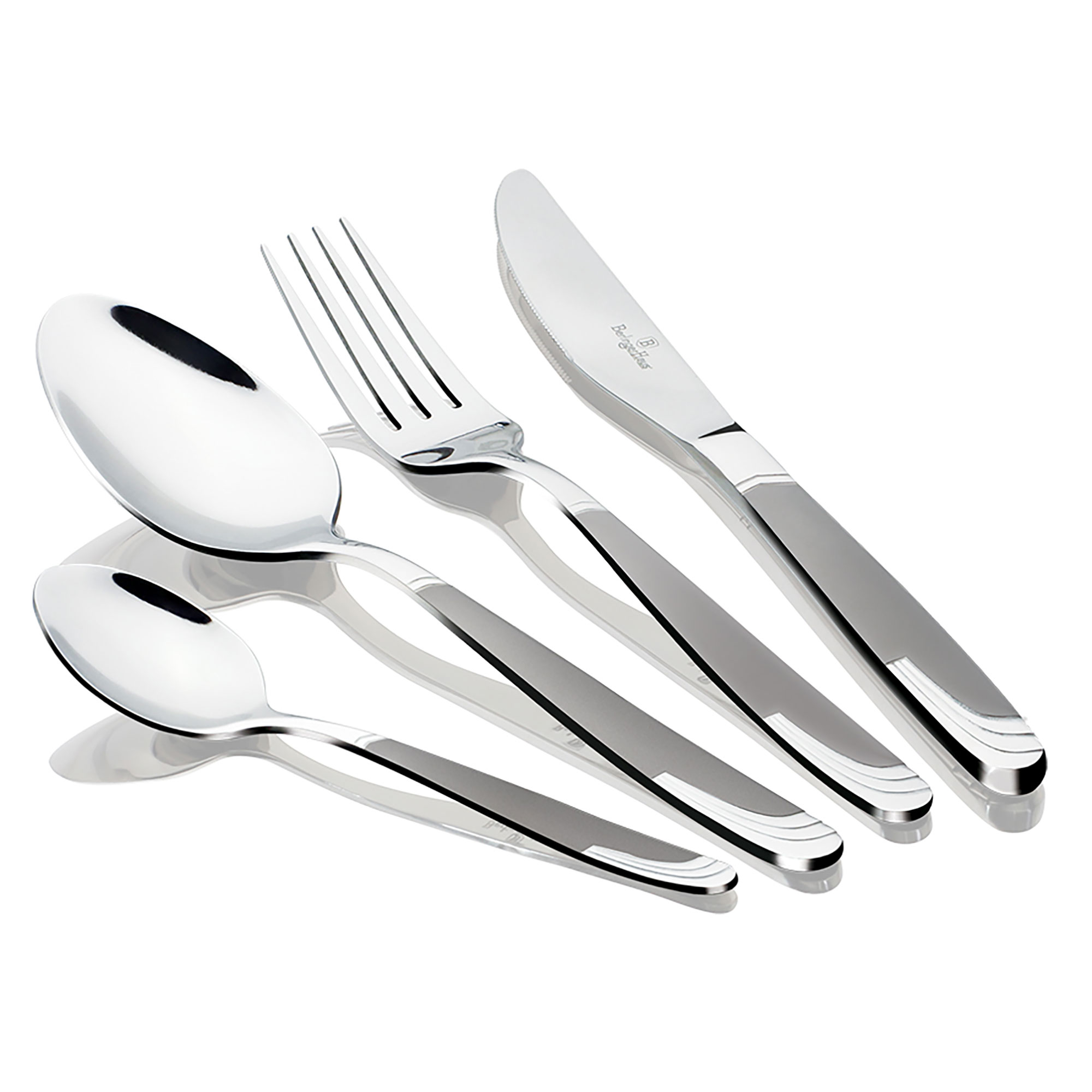 Juego de cubiertos plateados sobre una superficie blanca. Incluye una cuchara, un tenedor y un cuchillo con detalles grises.
