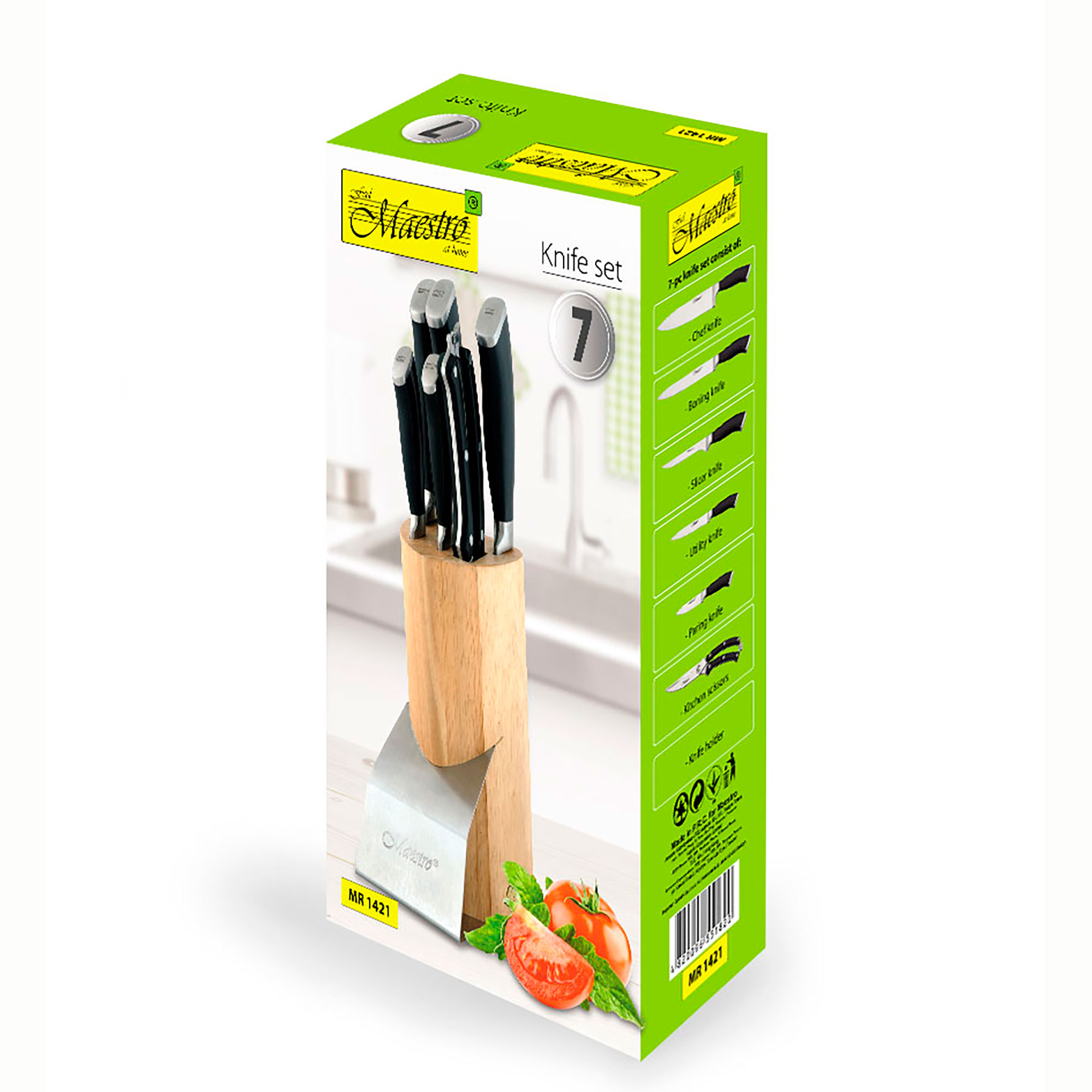 Juego de cuchillos en caja, con cuchillos en soporte de madera y tomates.