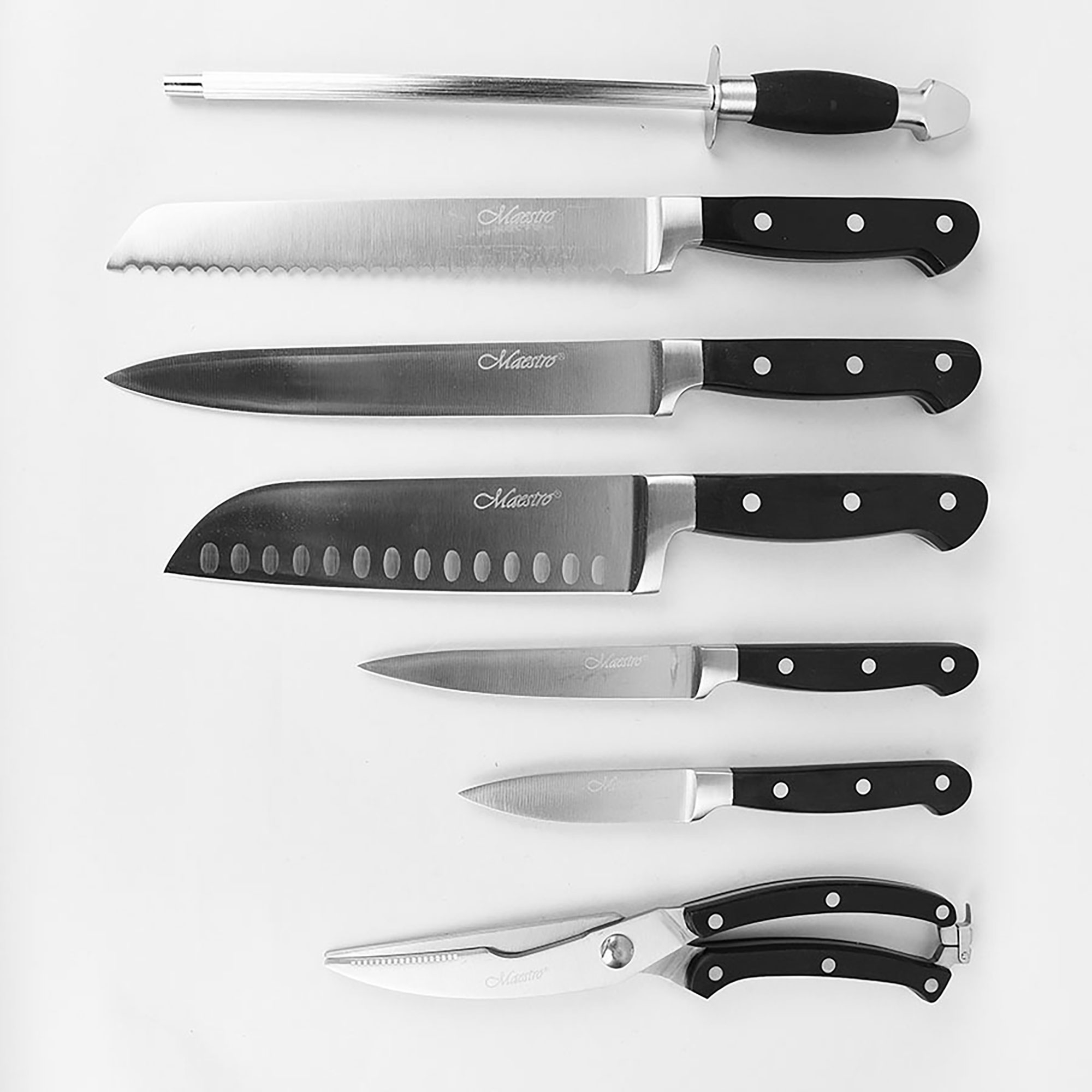 Juego de cuchillos. Acero de afilado, cuchillo de pan, cuchillo de chef y otras hojas.