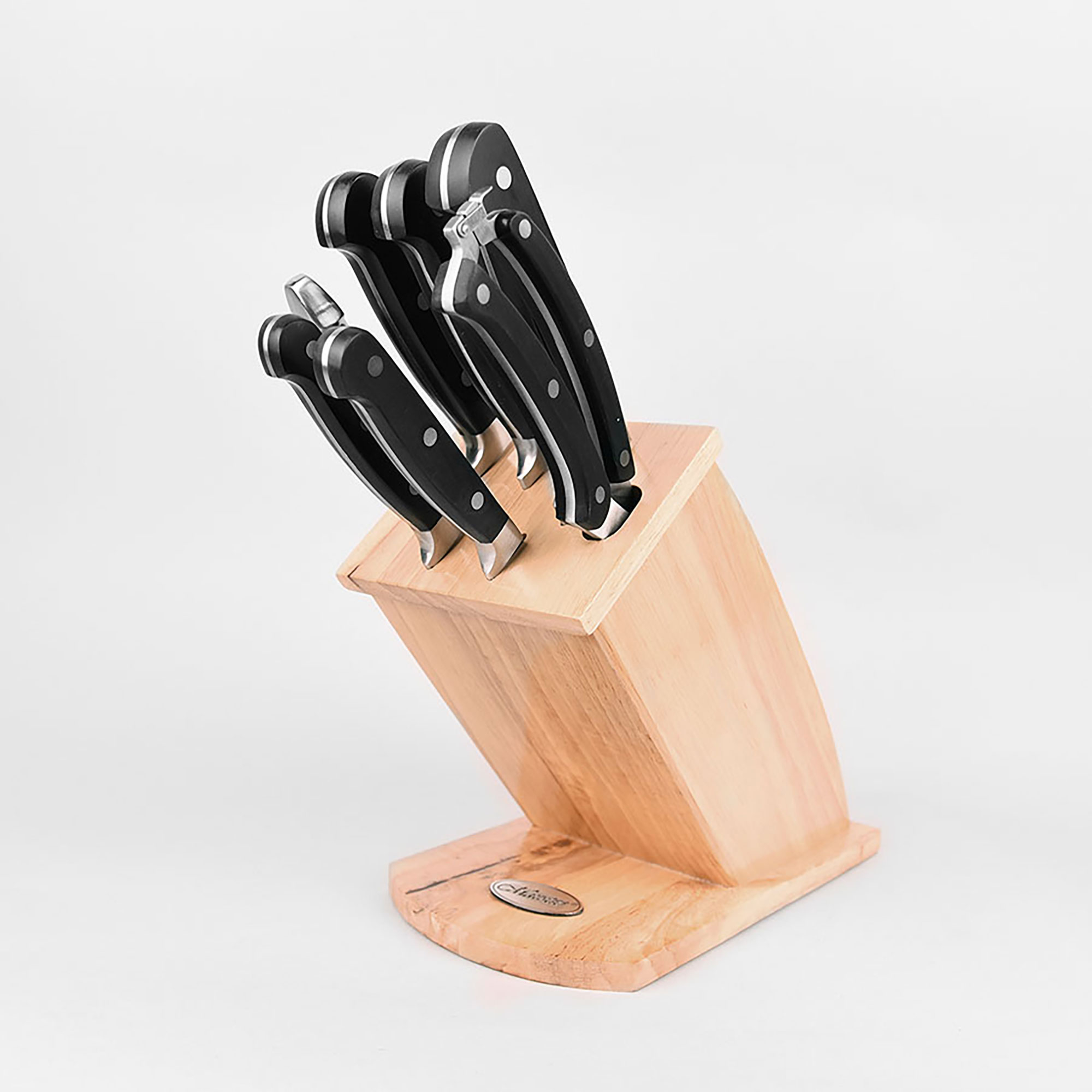 Juego de cuchillos de cocina en un bloque de madera, sobre fondo blanco.