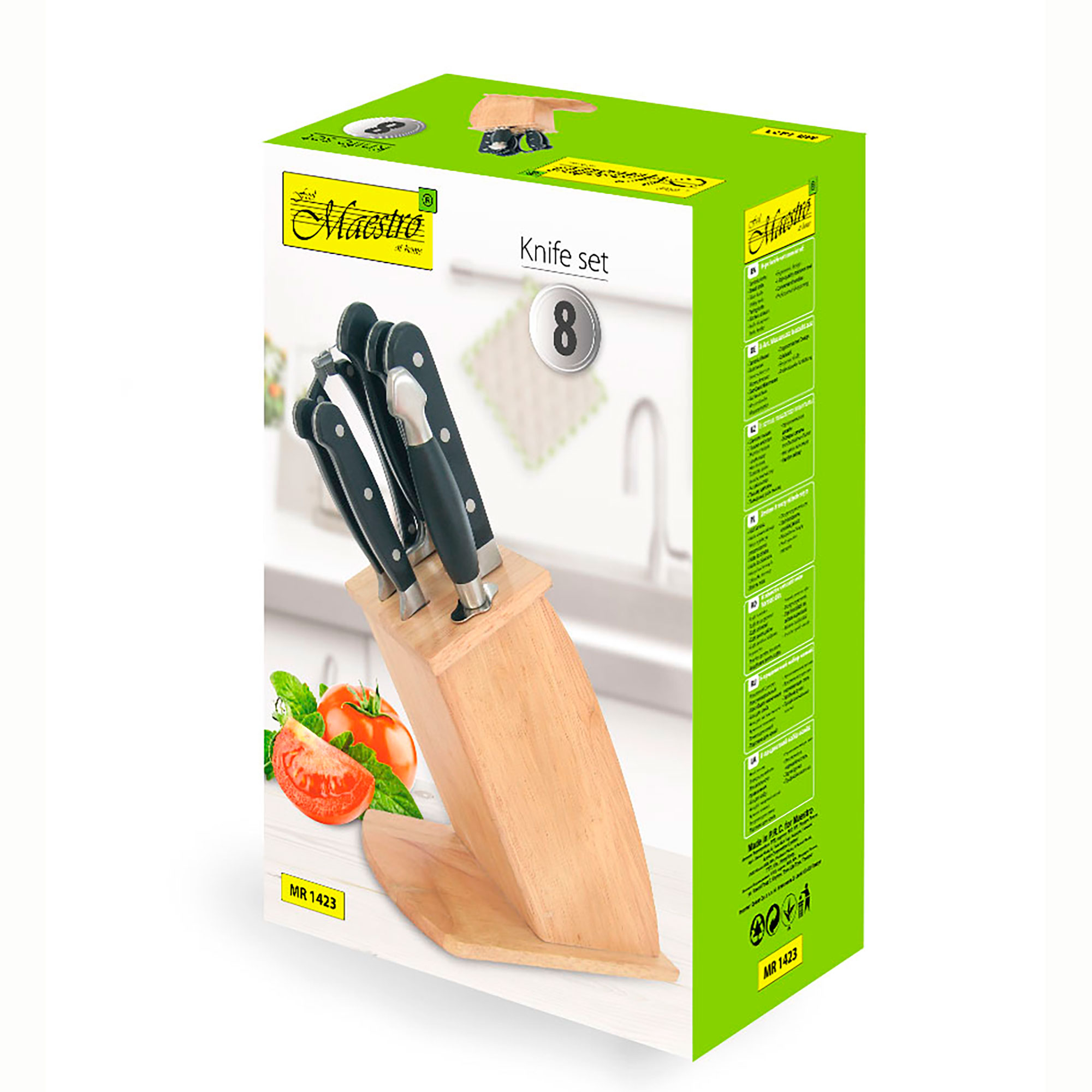 Juego de cuchillos en un bloque de madera, con una caja que muestra los cuchillos y tomates.