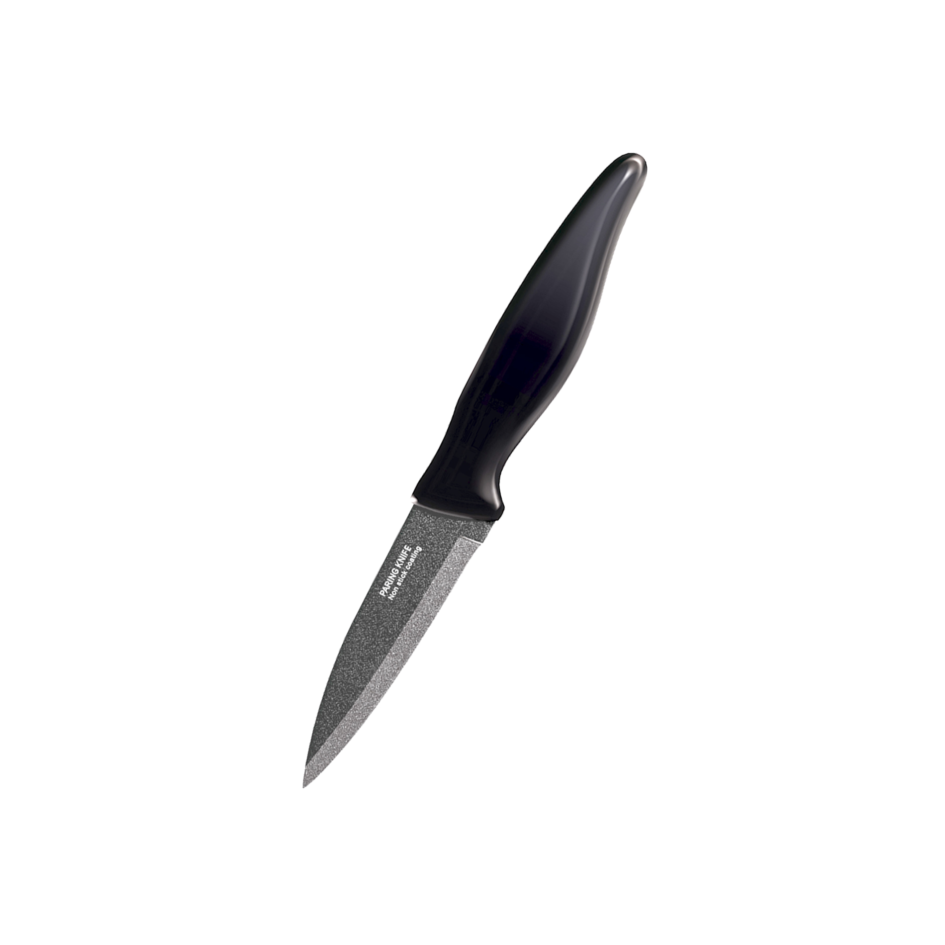 Czarny nóż do obierania na białym tle. Posiada szare ostrze i czarny uchwyt.