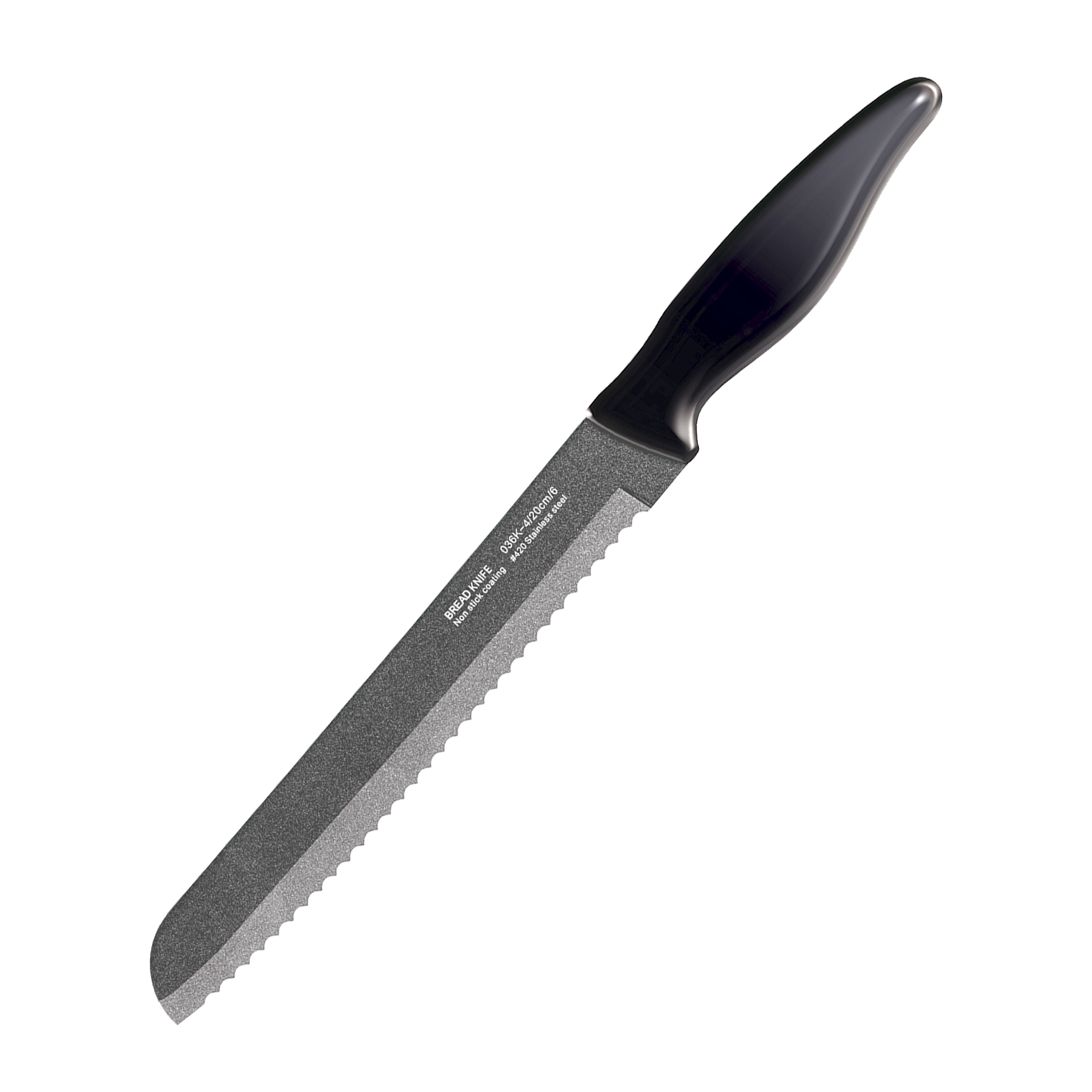 Czarny nóż do chleba z ząbkowanym ostrzem i czarnym uchwytem, ​​izolowany na białym tle.