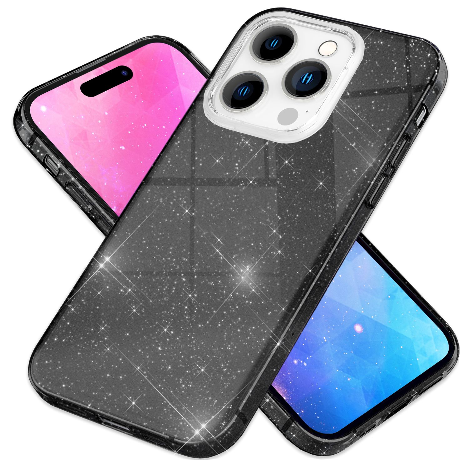 Dos teléfonos, una pantalla rosa, la otra azul, dentro de una funda negra y brillante. Efecto purpurina.