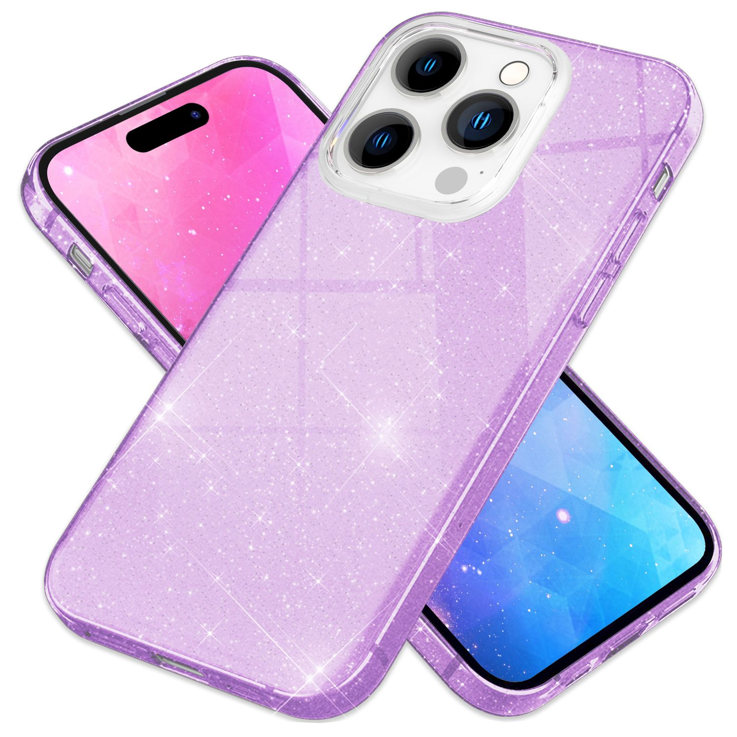 Dos teléfonos con fundas brillantes, uno violeta y otro con pantalla azul claro.