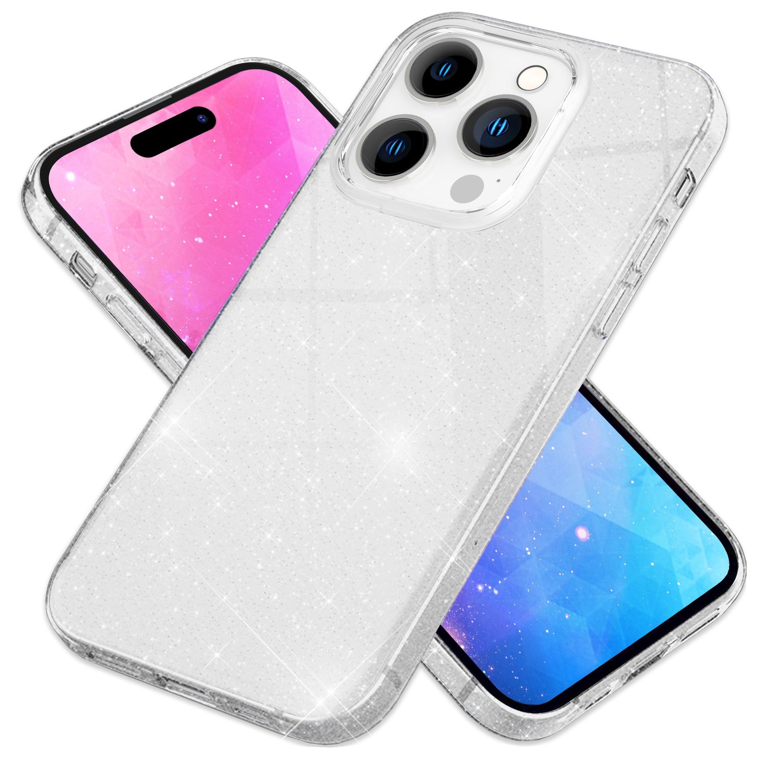 Funda de teléfono con purpurina, dos teléfonos: rosa y azul, funda transparente con efecto brillo, vista en ángulo.