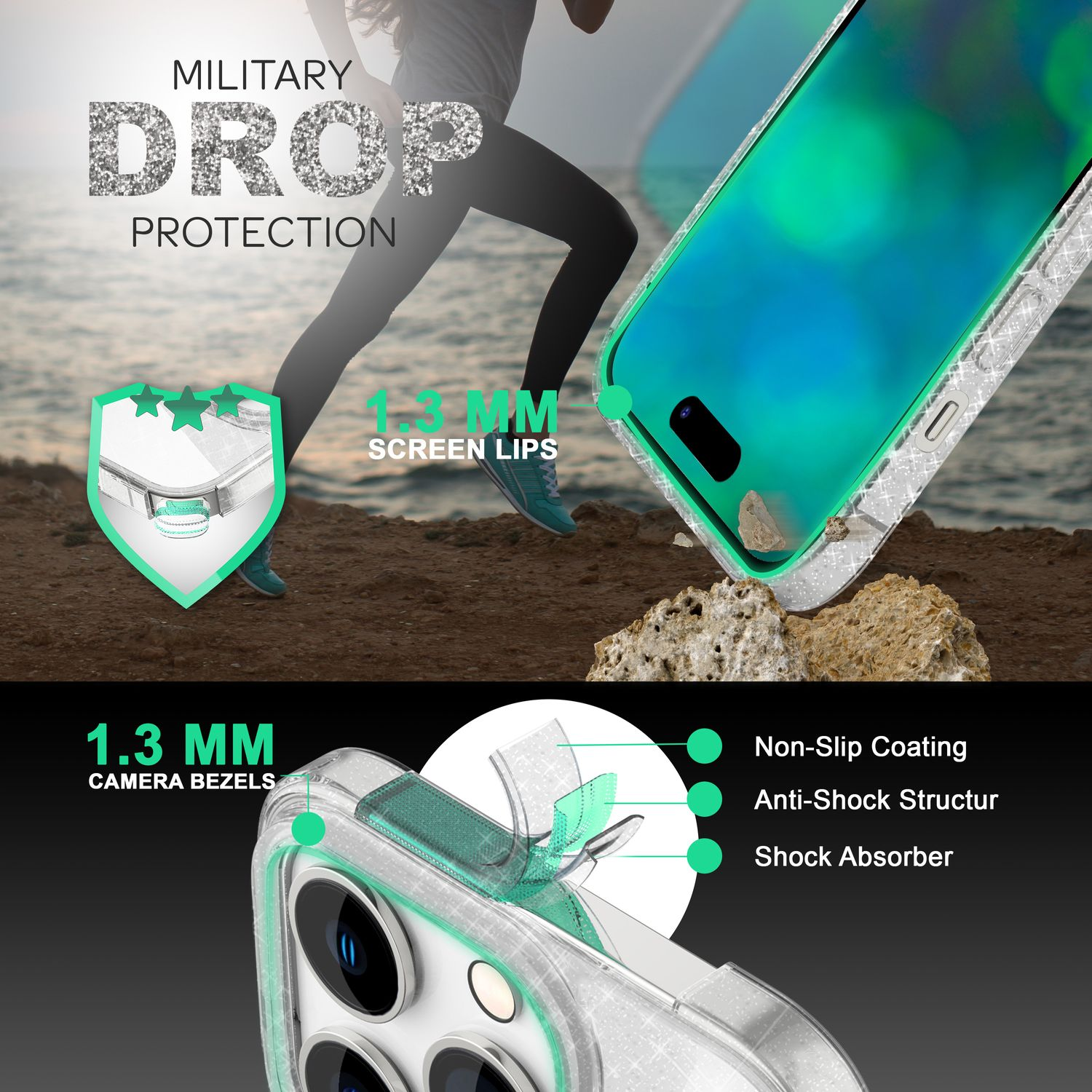 Custodia trasparente con dettagli verdi, protezione militare e bordi schermo da 1,3 mm.