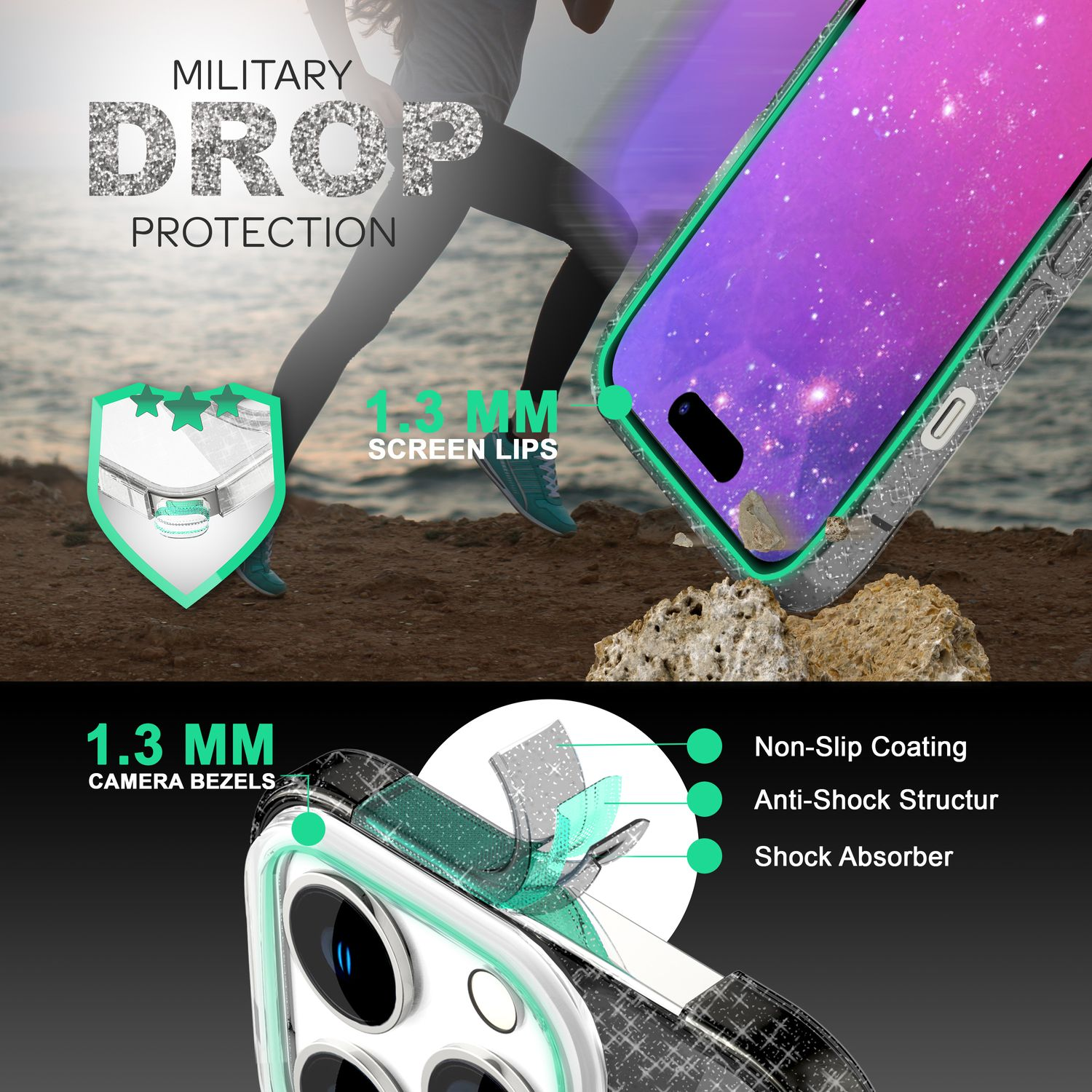 Funda para teléfono con detalles transparentes y verdes. El fondo es una persona corriendo con un diseño de galaxia.