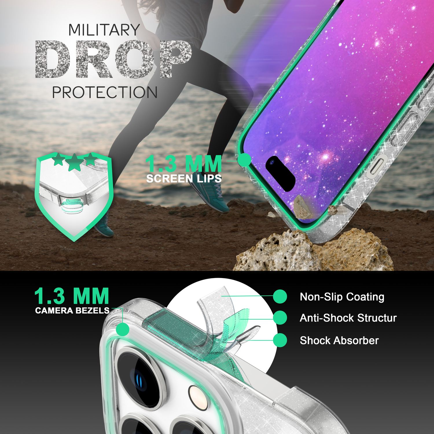 Funda de teléfono con diseño protector y texto.