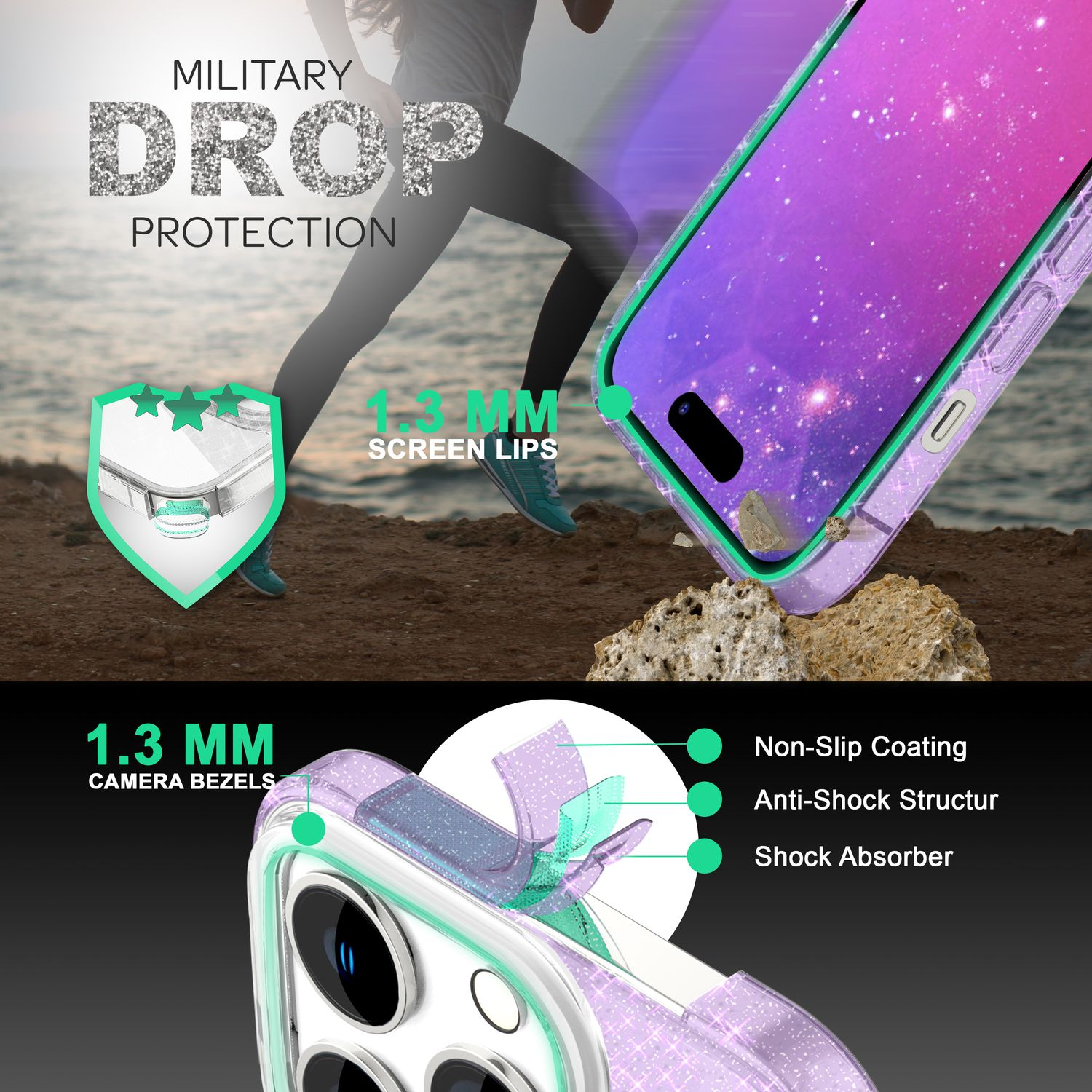 Funda de teléfono con protección contra caídas, bordes de pantalla y biseles de cámara, con corredor detrás.