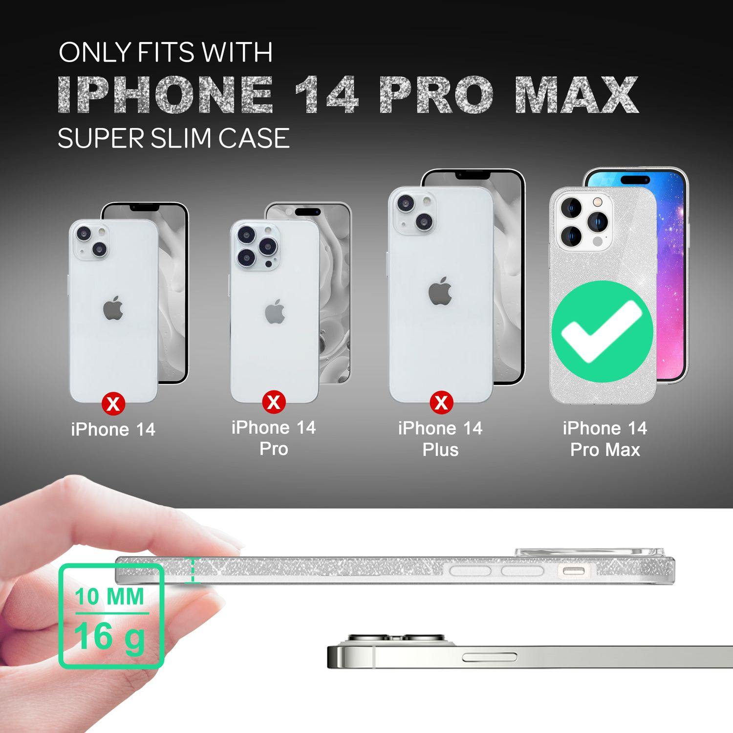 Imagen que muestra diferentes modelos de iPhone 14 y una funda con una marca de verificación verde.