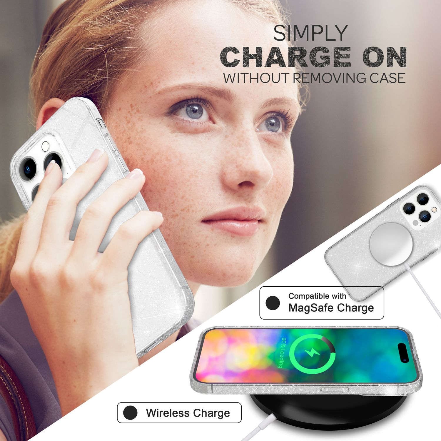 Donna che usa il telefono con custodia trasparente. Telefono su caricatore wireless. Compatibile con MagSafe.