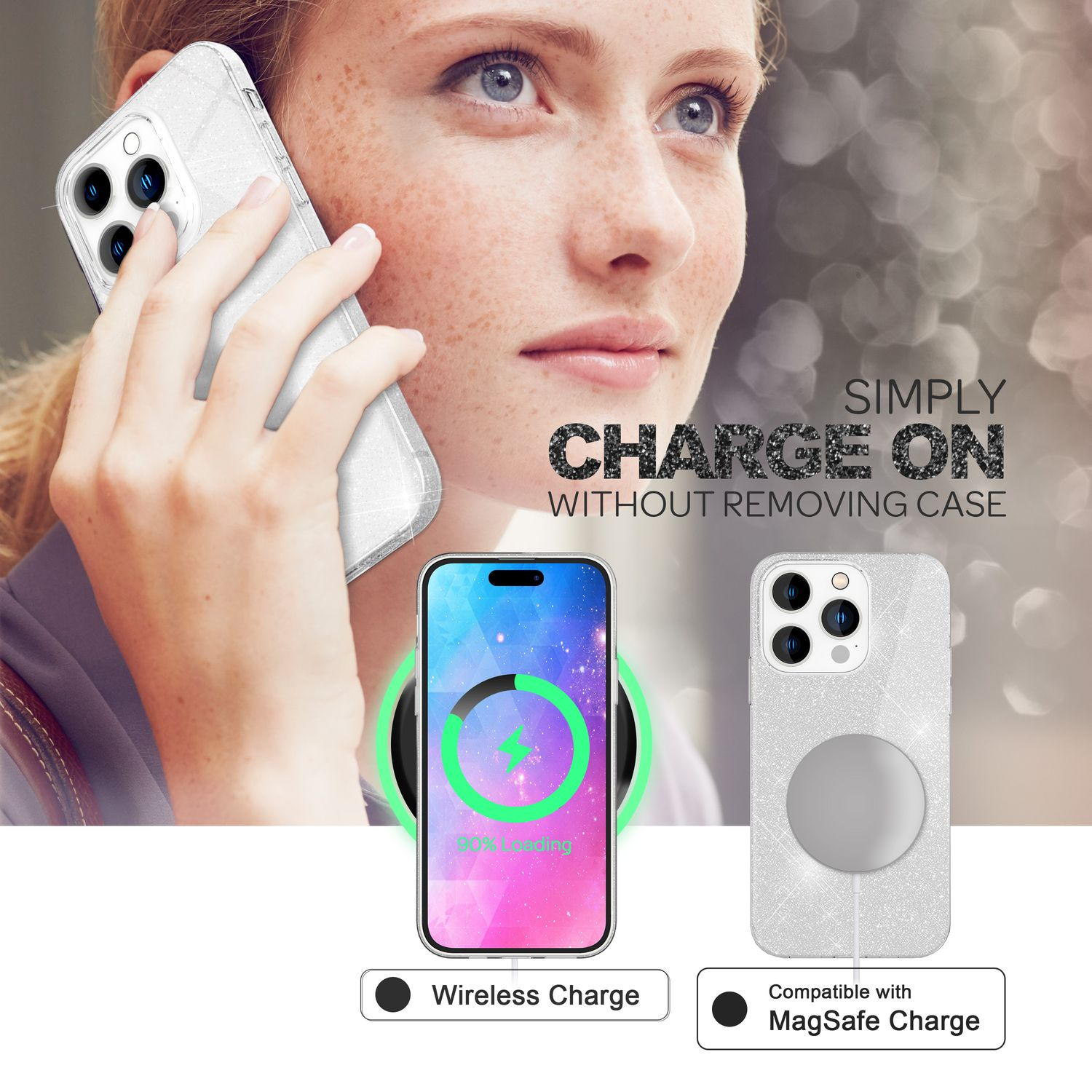 Mujer sosteniendo un teléfono, mostrando carga inalámbrica. Teléfono en un cargador y MagSafe.
