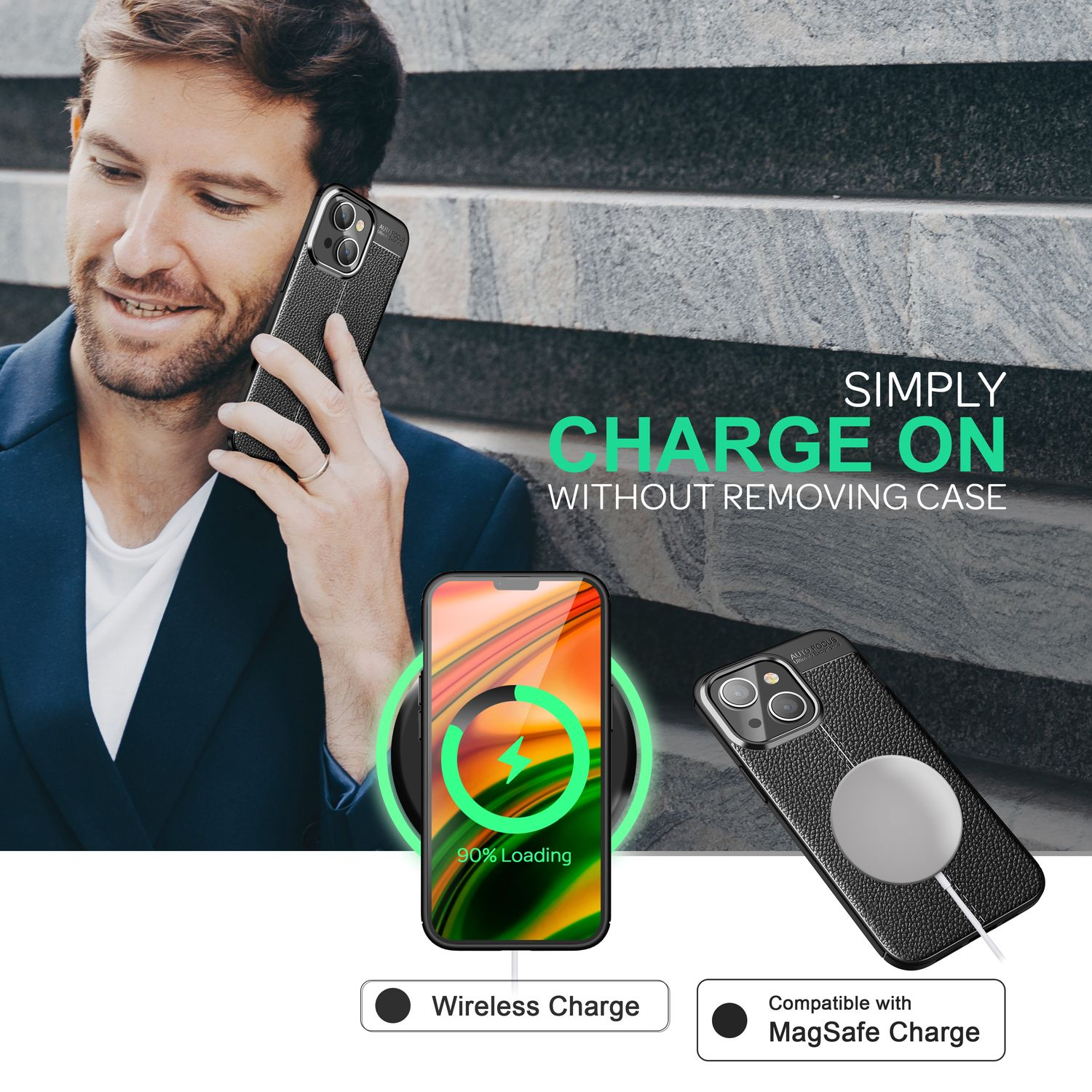 Eine Handyhülle mit Telefon und einer Hand, die die Hülle hält. Text zeigt, passt nur für iPhone 14 Pro.
